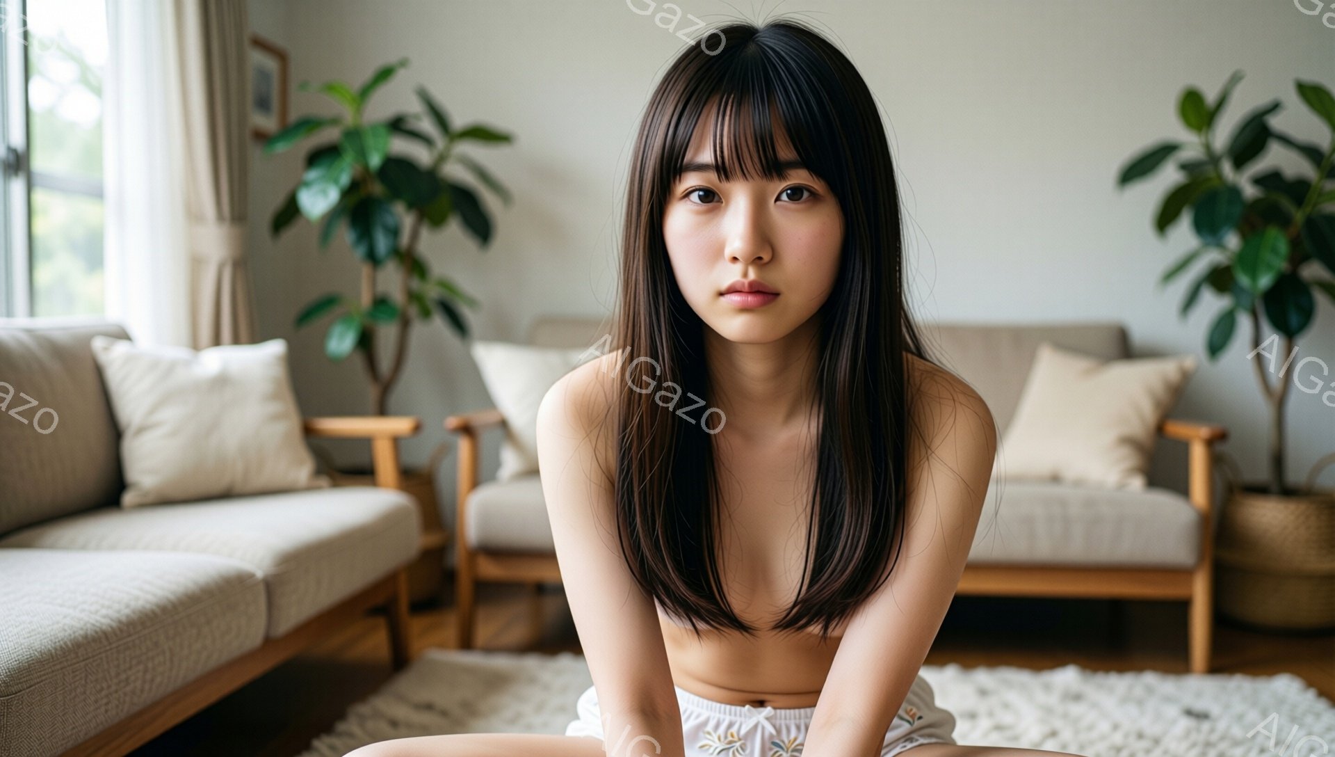長い黒髪で前髪ぱっつんの女性が、白いセーターの下着姿で床に座っている。彼女は少し憂いを帯びた表情で、まっすぐカメラを見つめている。背景には、明るい色のソファ、観葉植物、そして自然光が入る窓があり、リラ - AI生成フリー素材