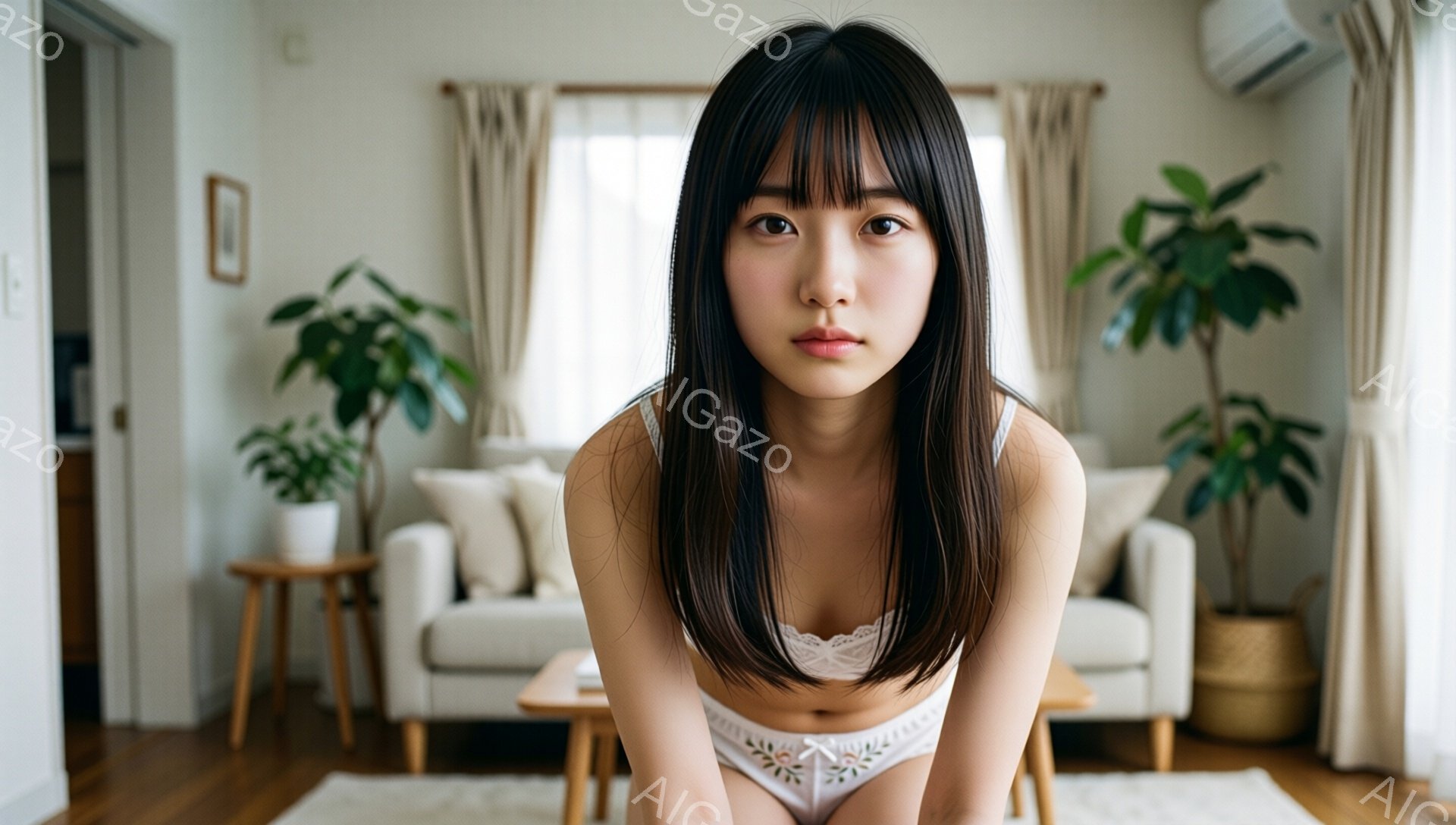 黒髪の女性が、白いレースのブラと下着姿で正面を向いています。彼女は落ち着いた表情で、少し憂いを帯びた視線をカメラに向けています。背景には、柔らかい光が差し込むリビングルーム、クリーム色のソファ、観葉植物が見え、穏やかな雰囲気を醸し出しています。