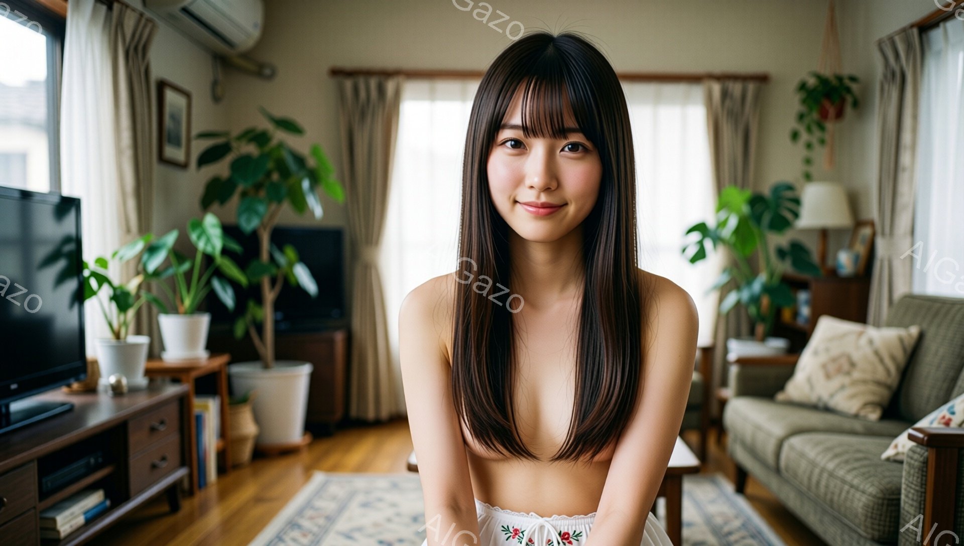 黒髪で前髪が目の上ギリギリまで伸びた女性が、白い花柄のトップスを着てカメラを見つめています。彼女は両手を膝に置き、穏やかな笑顔を浮かべています。背景には、観葉植物やソファーが置かれたリビングルームが広 - AI生成フリー素材