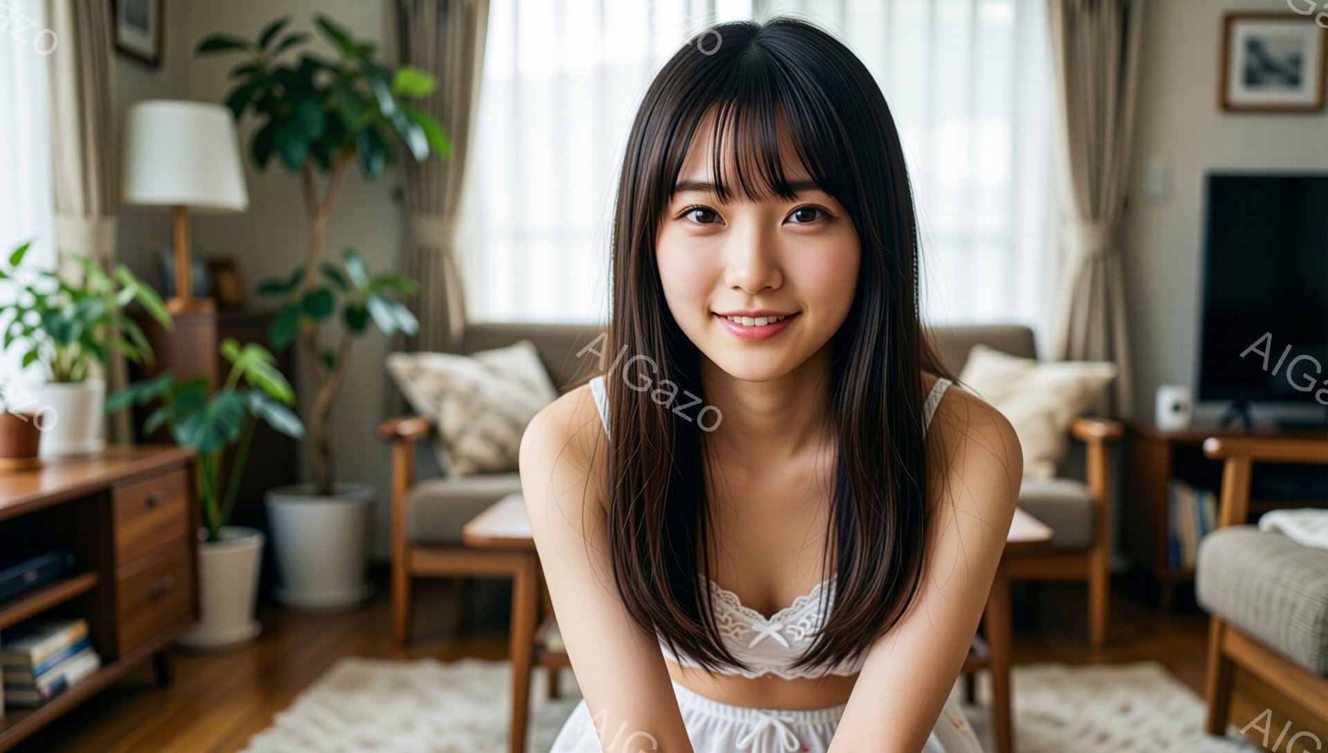 長い黒髪で、前髪は眉毛にかかるようにカットされた若い女性が写っています。白いレースのキャミソールを着ており、顔は笑顔で、カメラに向かって穏やかな表情を浮かべています。背景には、柔らかい色調のリビングル - AI生成フリー素材