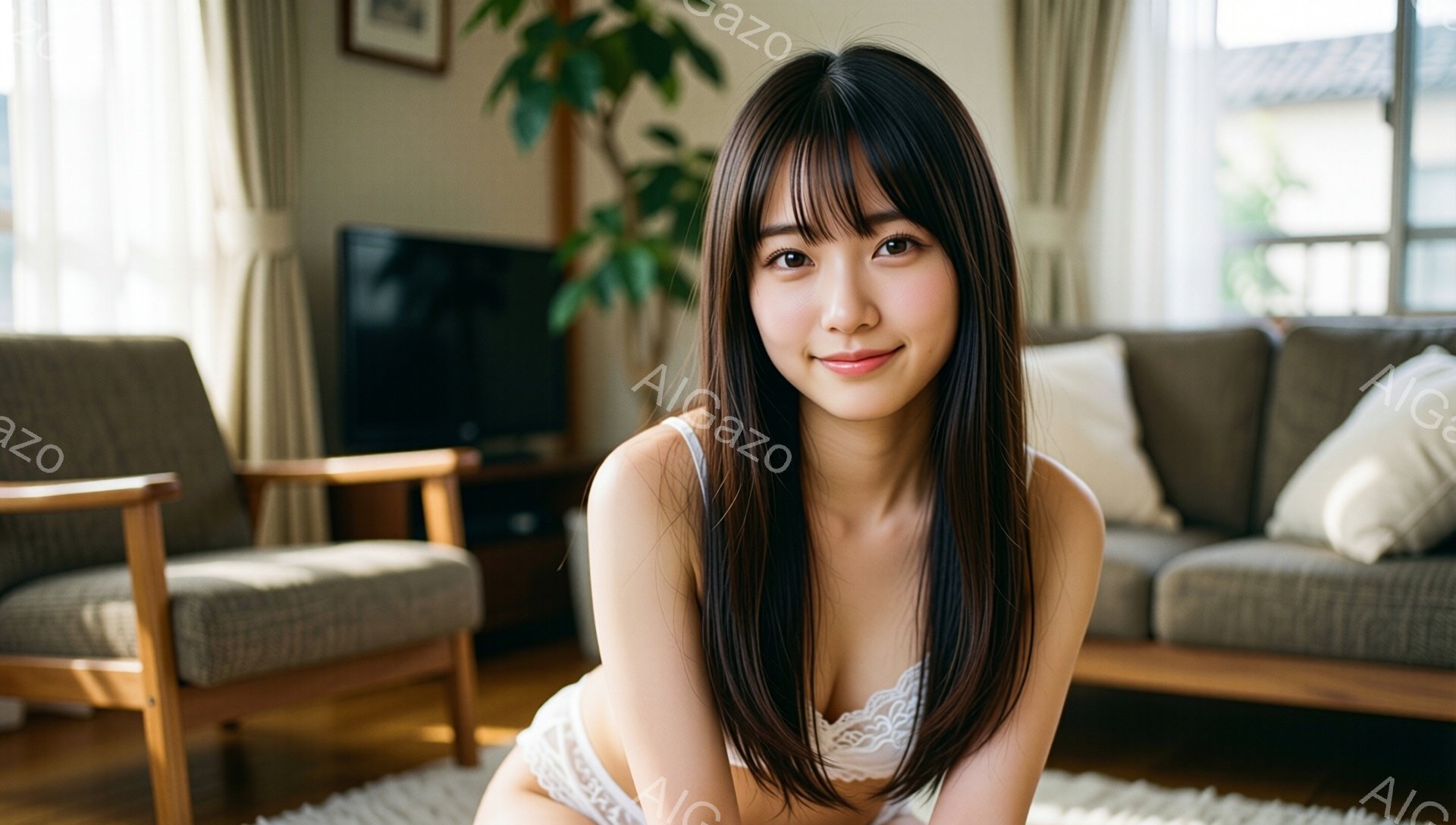 長い黒髪で、前髪が目の上まで伸びています。白いレースのブラとショーツを身に着け、リビングの床にうつ伏せになり、カメラ目線で微笑んでいます。背景には灰色のソファと椅子、緑の植物があり、部屋全体が明るく落ち着いた雰囲気です。