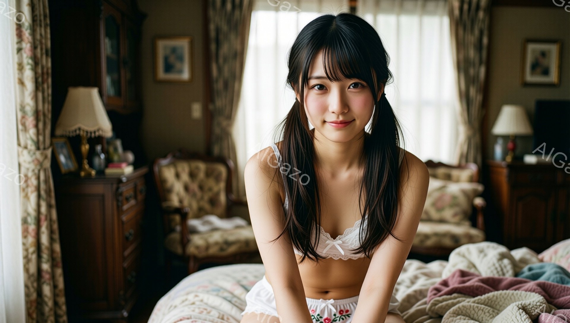 長い黒髪をツインテールにした若い女性が、白いレースのブラとショーツ姿でベッドに座っています。彼女は微笑んでおり、リラックスした雰囲気です。背景には、アンティーク調の家具が置かれた明るい室内が広がっています。