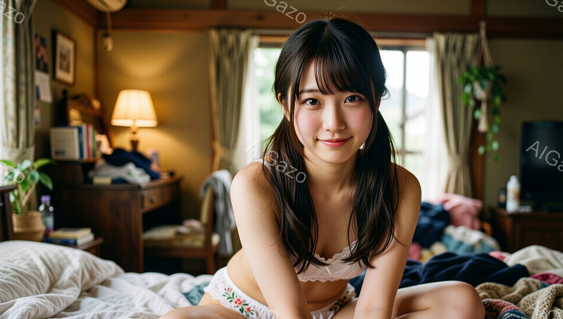 長い黒髪で前髪が目の上にかかる女性が、白いレースのブラと花柄のショーツ姿でベッドに座っています。彼女は微笑んでおり、リラックスした様子です。背景には木製の家具、本棚、そして庭が見える窓があり、暖かく自 - AI生成フリー素材