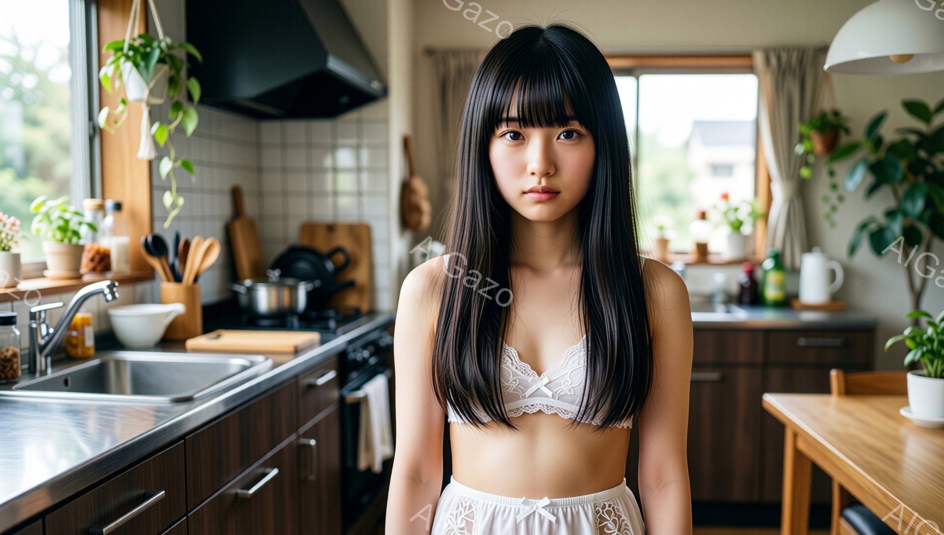 黒髪で前髪が目の上まである女性が、レースのブラとショーツ姿でキッチンに立っている。彼女はやや無表情で、カメラの方を見つめている。背景には調理器具や食器棚が見え、窓からは緑豊かな風景が望める、明るく暖か - AI生成フリー素材