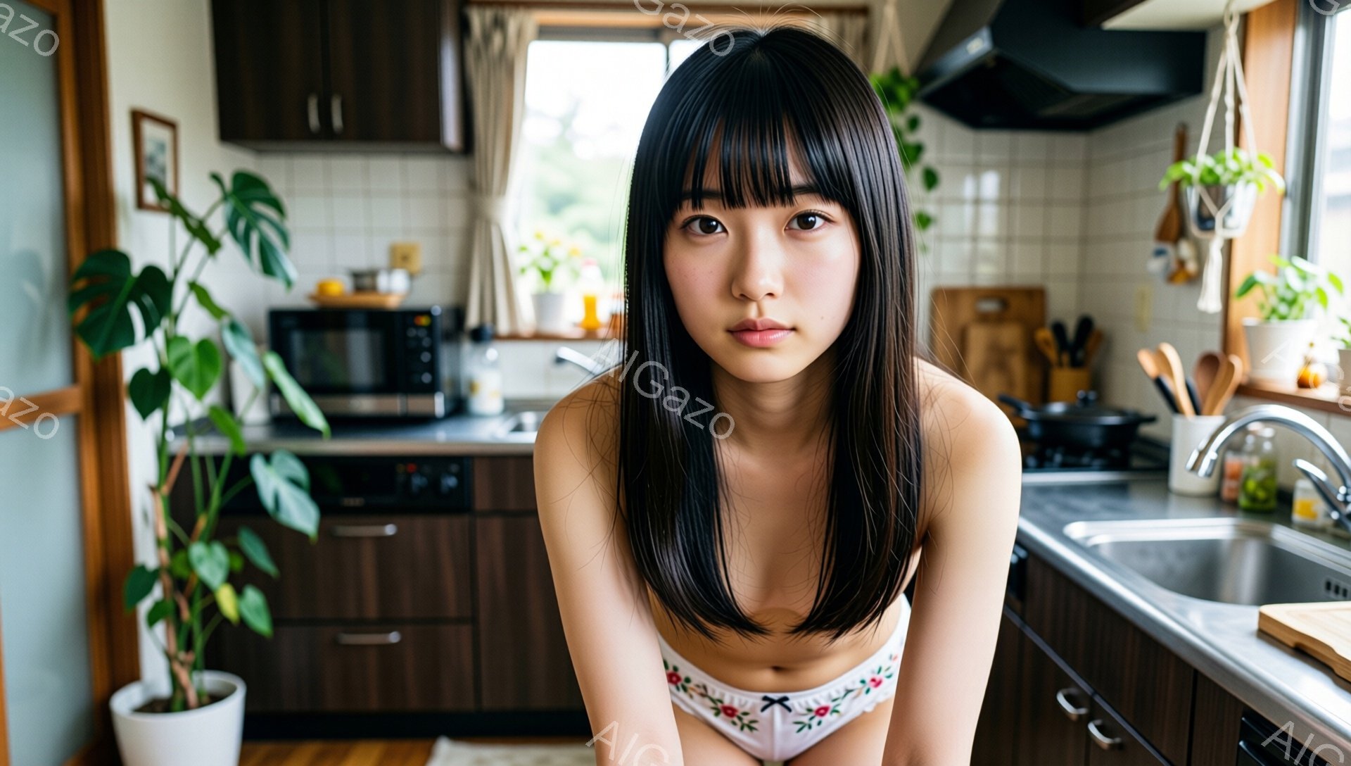 長い黒髪で前髪が目の上にかかっている若い女性が、キッチンで白い花柄のブラレットと下着姿で立っている。彼女はカメラを見てやや困惑した表情をしており、リラックスした姿勢で膝をわずかに曲げている。背景には木製のキャビネット、ステンレス製のシンク、電子レンジ、観葉植物があり、暖かく家庭的な雰囲気である。