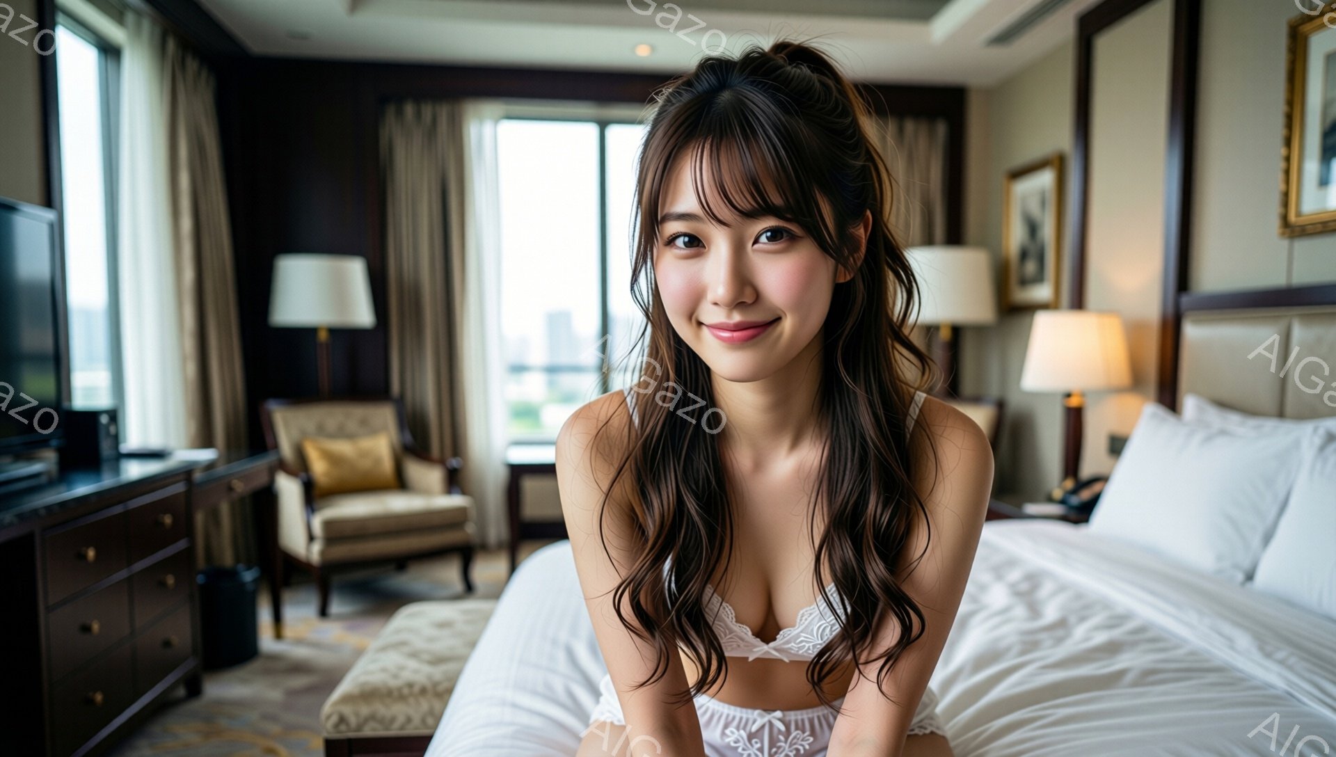 長い黒髪を無造作に垂らし、白いレースのブラレットを着用した女性が、白いベッドの上に座ってこちらを見ている。彼女は微笑んでおり、リラックスした雰囲気で、部屋は高級ホテルのようで、窓からは都市の景色が見える。全体的に、暖かく、優雅で、親しみやすい雰囲気である。