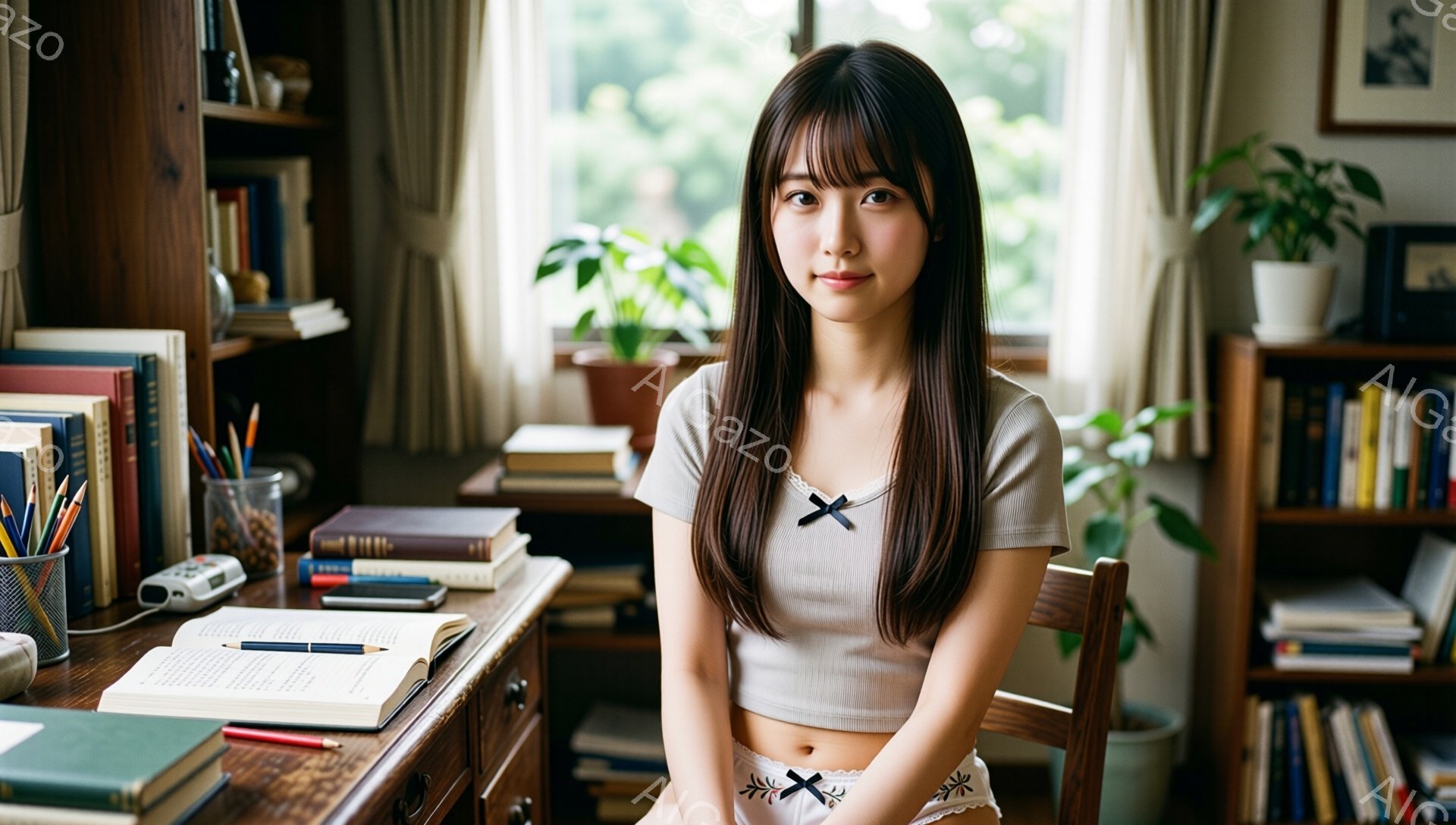 長い黒髪で前髪が目の上までかかる女性が、部屋の奥にある机の前で座っています。ベージュ色の短いトップスと白い下着姿で、少し微笑んでいます。背景には本棚や植物があり、窓からは自然光が差し込み、落ち着いた雰囲気です。
