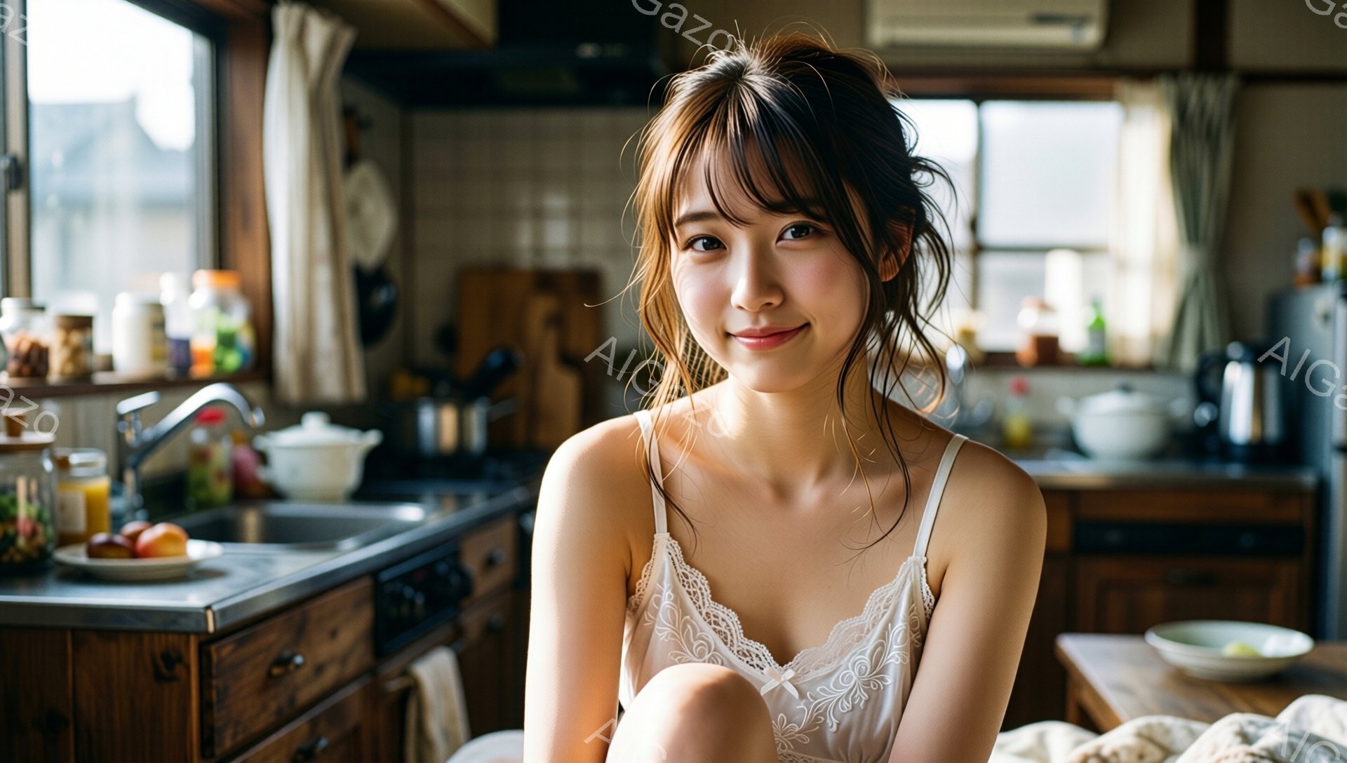 明るいキッチンを背景に、女性がこちらを見て微笑んでいる。彼女は肩出しの白いレースのキャミソールを着ており、髪はゆるく巻かれて肩にかかっている。キッチンには果物や調理器具が置かれ、窓の外には建物が見える、暖かく家庭的な雰囲気の画像だ。