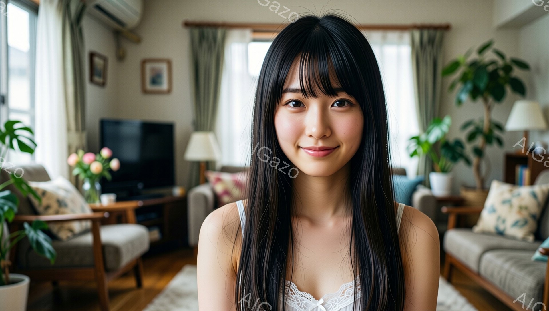 長い黒髪の女性が正面を向いて微笑んでいます。白いレースのキャミソールを着ており、リラックスした姿勢で座っています。背景には、木製の家具や植物、そしてテレビのあるリビングルームが見え、温かく明るい雰囲気です。