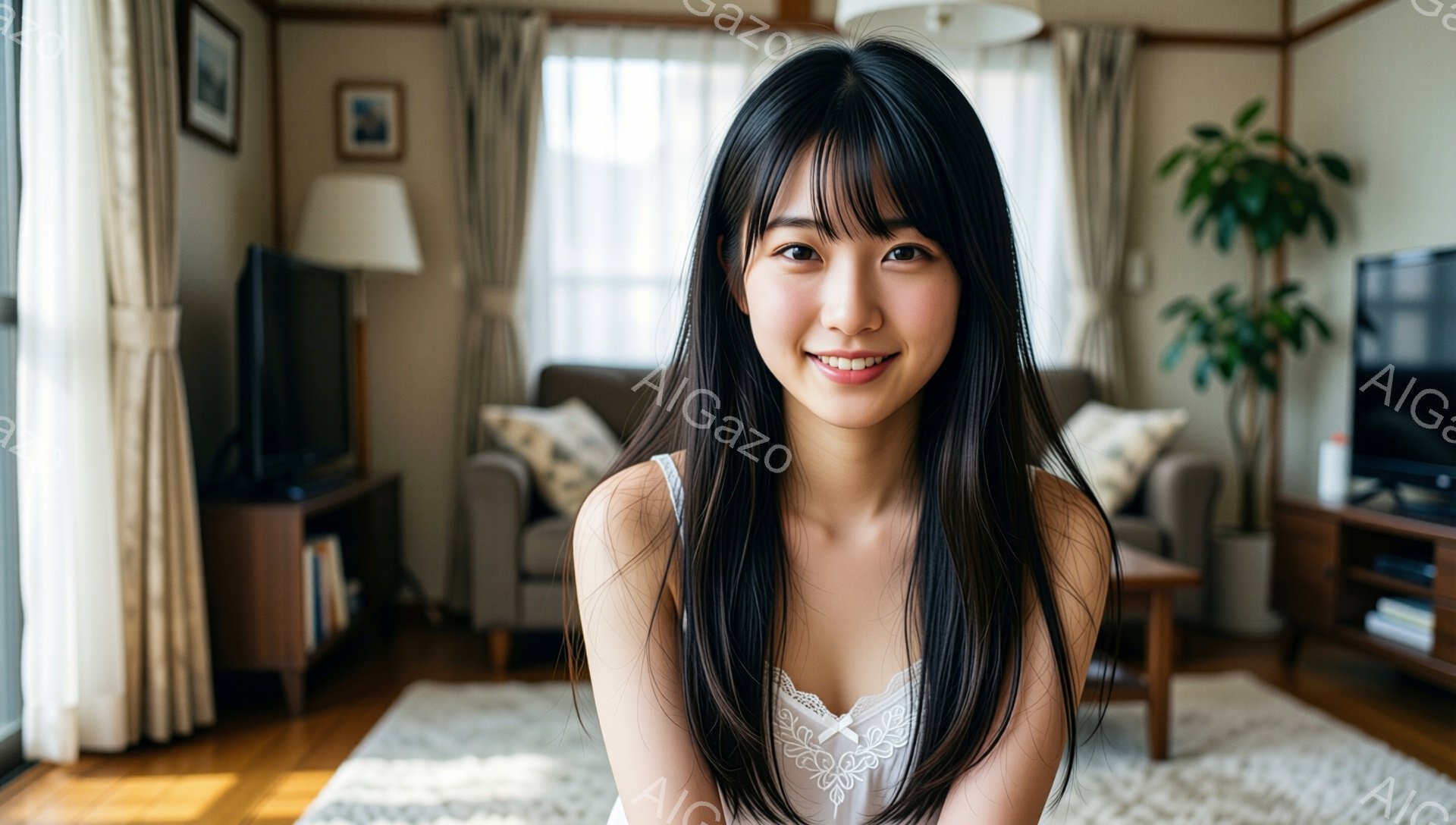 長い黒髪をなびかせた女性が、穏やかな笑顔でこちらを見ている。白いレースのキャミソールを着ており、背景には窓から差し込む光が暖かく、リビングルームが写っている。全体的にリラックスした、家庭的な雰囲気が漂 - AI生成フリー素材