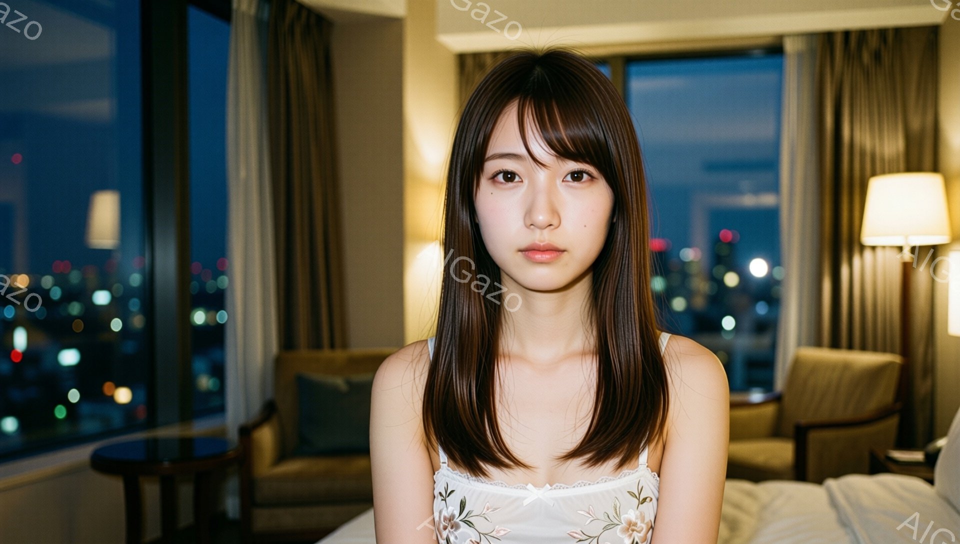 長いストレートヘアの女性が、クリーム色の花柄キャミソールを着て正面を見つめている。彼女は落ち着いた表情で、背景には夜景が広がるホテルの部屋が見える。暖色の照明と家具が、リラックスした雰囲気を醸し出している。