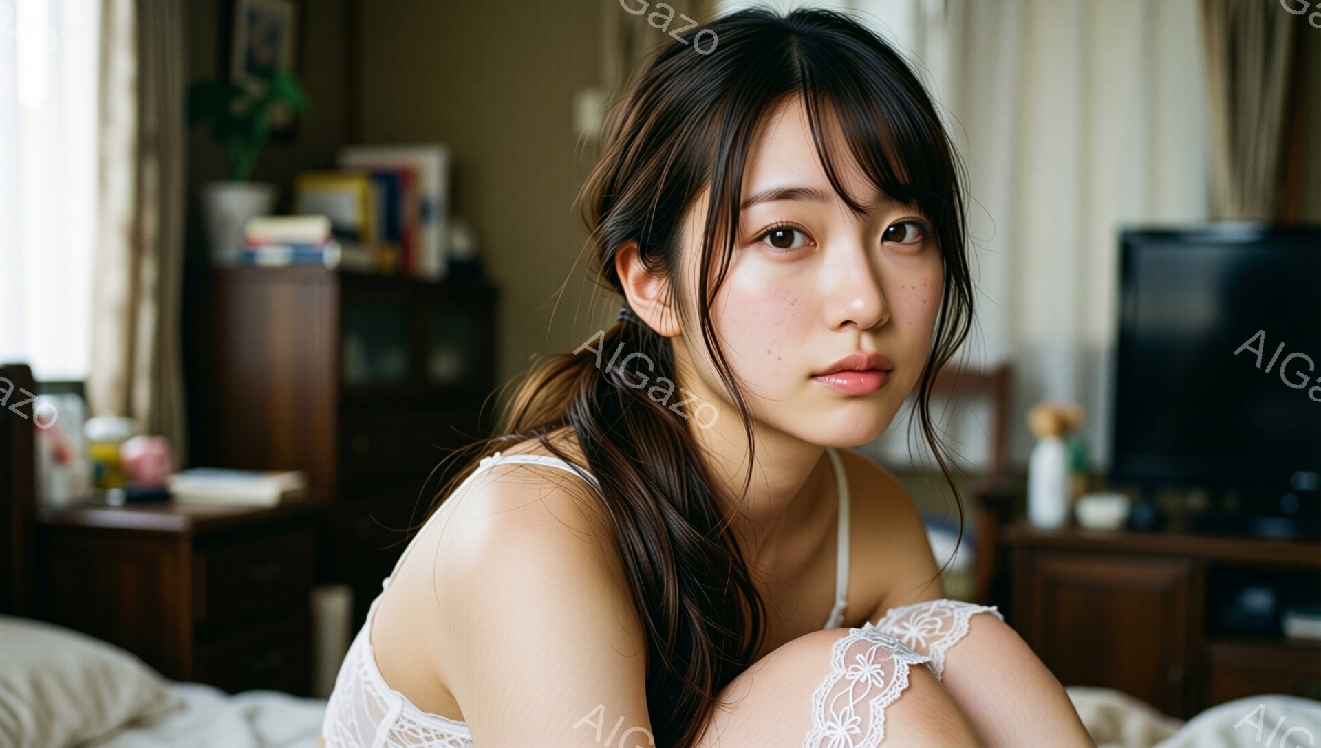 長い黒髪を無造作にまとめ、白いレースの装飾が施されたキャミソールを着た若い女性が写っている。彼女はベッドに膝を抱えて座り、少し憂いを帯びた表情で正面を見つめている。背景には木製の家具やテレビが見え、室 - AI生成フリー素材