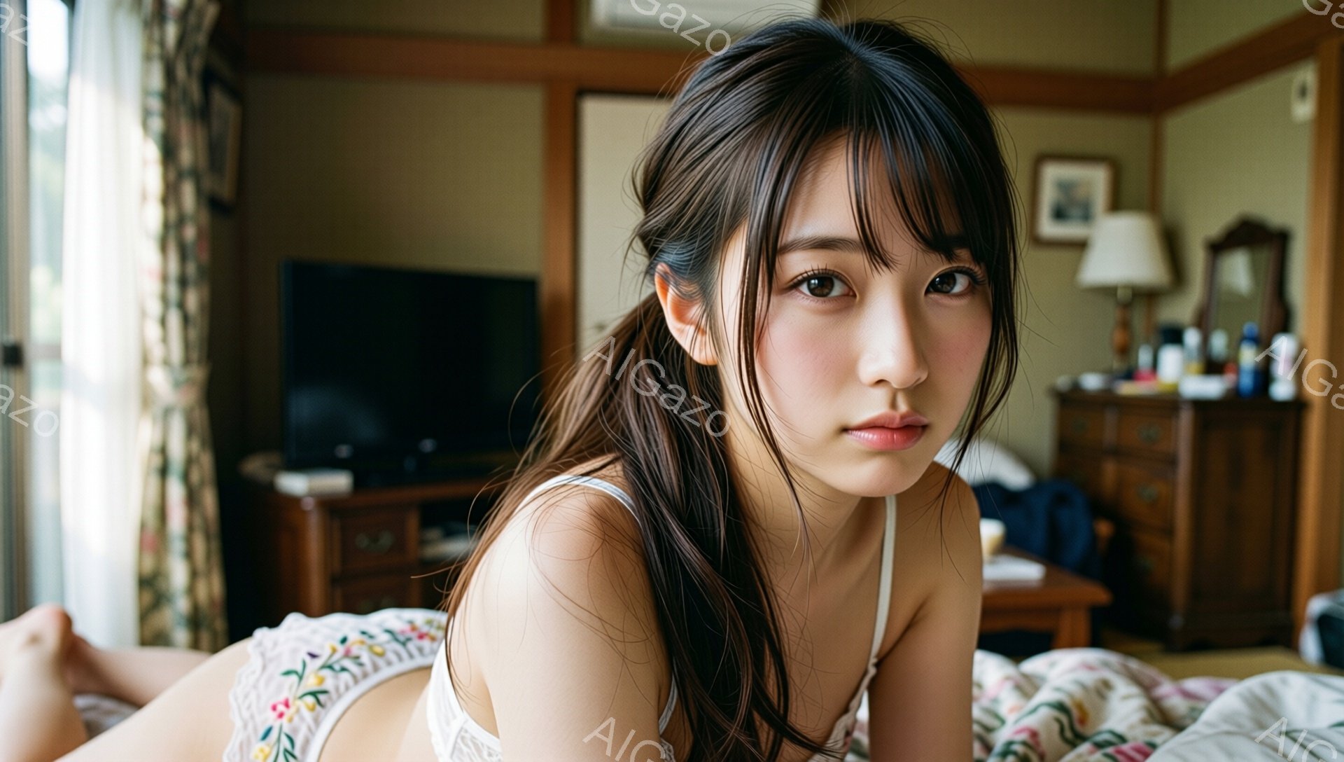 長い黒髪をほどこし、白いキャミソールに花柄のパンツを着用した若い女性が、畳の部屋で横たわっています。彼女はカメラに向かって微笑み、リラックスした表情を浮かべています。背景にはテレビや木製の家具が見え、部屋全体が明るく柔らかい雰囲気です。