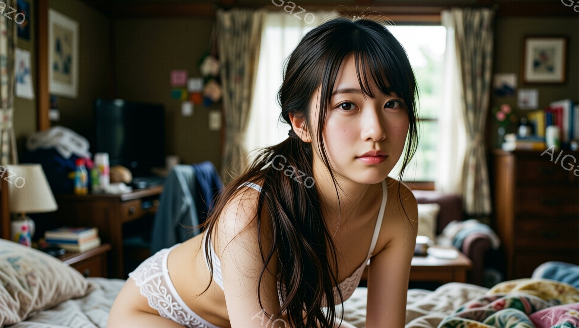 黒髪の女性がベッドに横たわり、白いレースのブラレットを着用しています。彼女はカメラを見つめ、わずかに微笑んでいます。背景には、家具や窓があり、室内の暖かい雰囲気を感じさせます。 - AI生成フリー素材