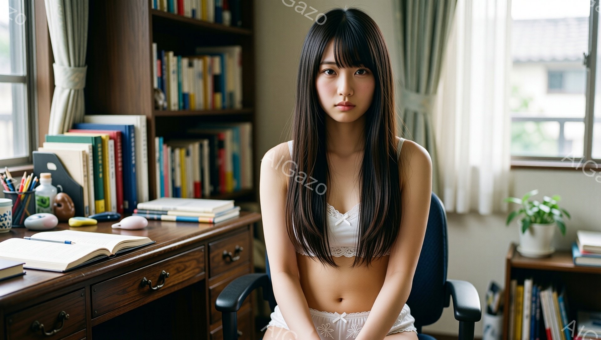 長い黒髪をセンターパートにした若い女性が、白いレースのブラとショーツ姿で椅子に座っています。彼女は少し緊張した表情で正面を見つめており、背景には本棚と机、窓から差し込む自然光が見えます。部屋全体は落ち着いた雰囲気ですが、女性の服装は挑発的で、緊張感と不安を煽ります。