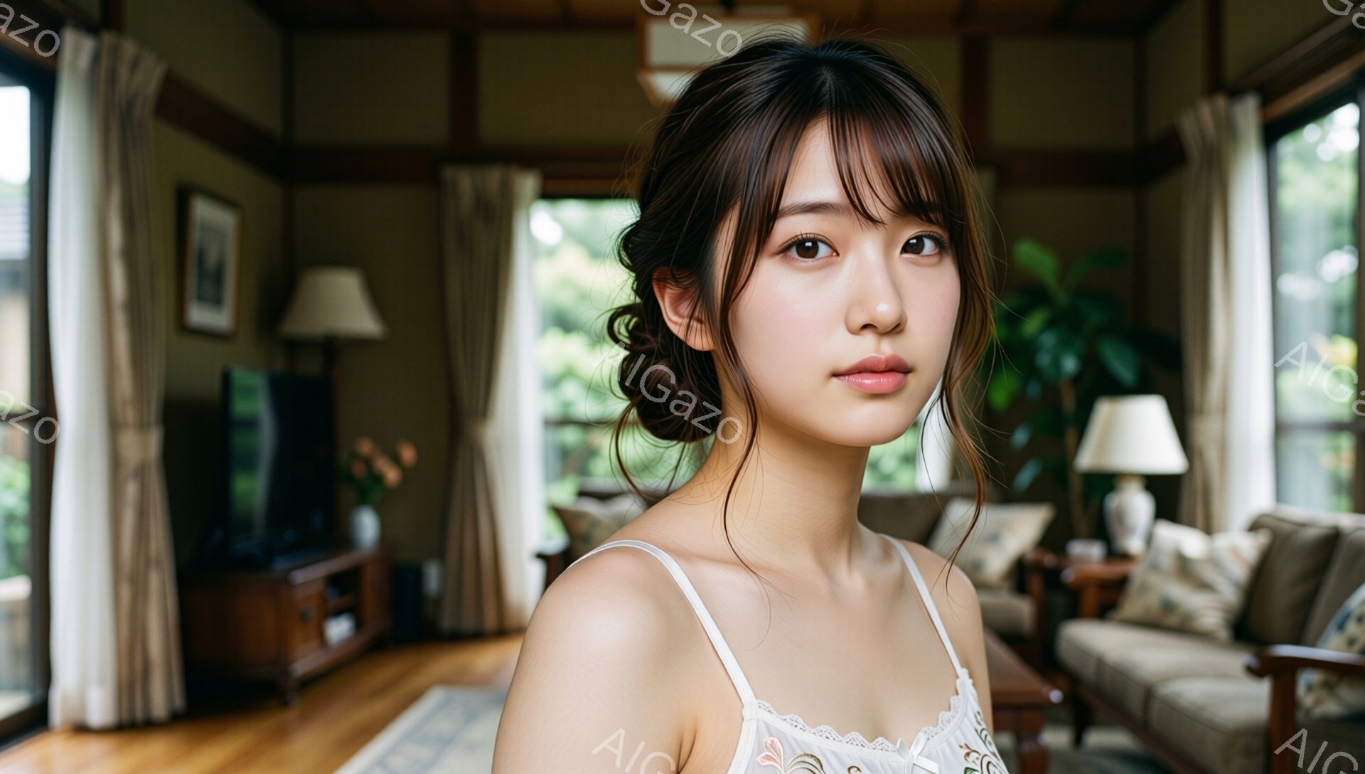 若い女性がカメラを見つめ、少し微笑んでいます。彼女は白いストラップのトップスを着ており、髪は後ろで優雅にまとめられています。背景は明るいリビングルームで、木製の家具や緑の植物が見え、穏やかでリラックスした雰囲気を醸し出しています。