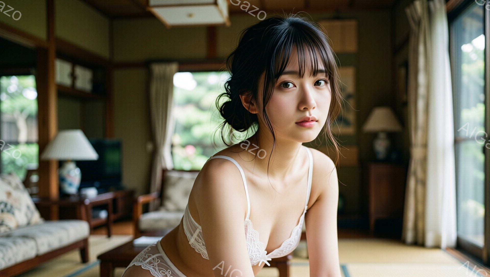 長い黒髪をハーフアップにし、白いレースのブラレットとショーツを身につけた若い女性が、畳の上に座ってカメラを見つめている。背景には日本の伝統的な家屋の部屋と、緑豊かな庭が見え、穏やかで落ち着いた雰囲気が漂っている。女性の表情は自信に満ちており、光が柔らかく彼女を照らしている。