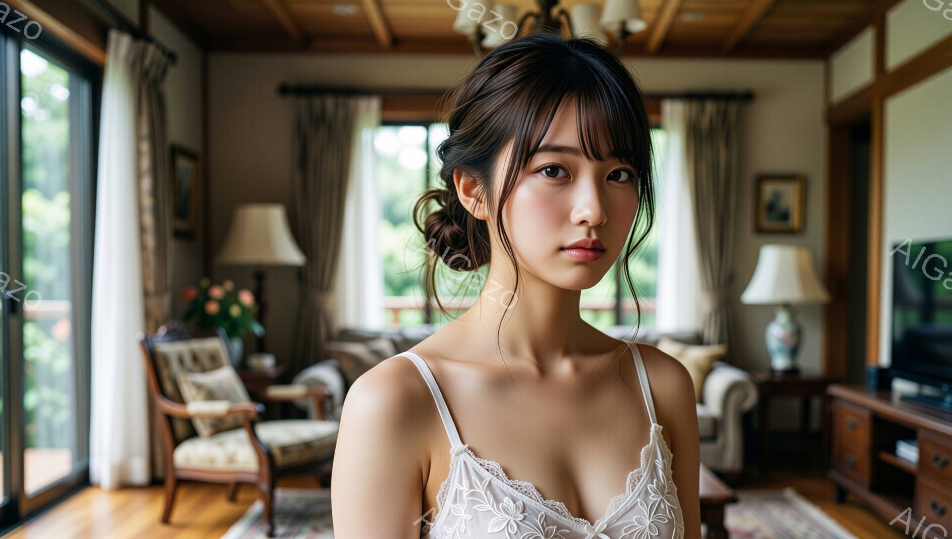 明るい室内で、肩を露出した白いレースのキャミソールを着た若い女性がこちらを見つめています。彼女はダークブラウンの髪を後ろでまとめ、少し憂いを帯びた表情を浮かべています。背景には、窓から光が差し込むリビ - AI生成フリー素材