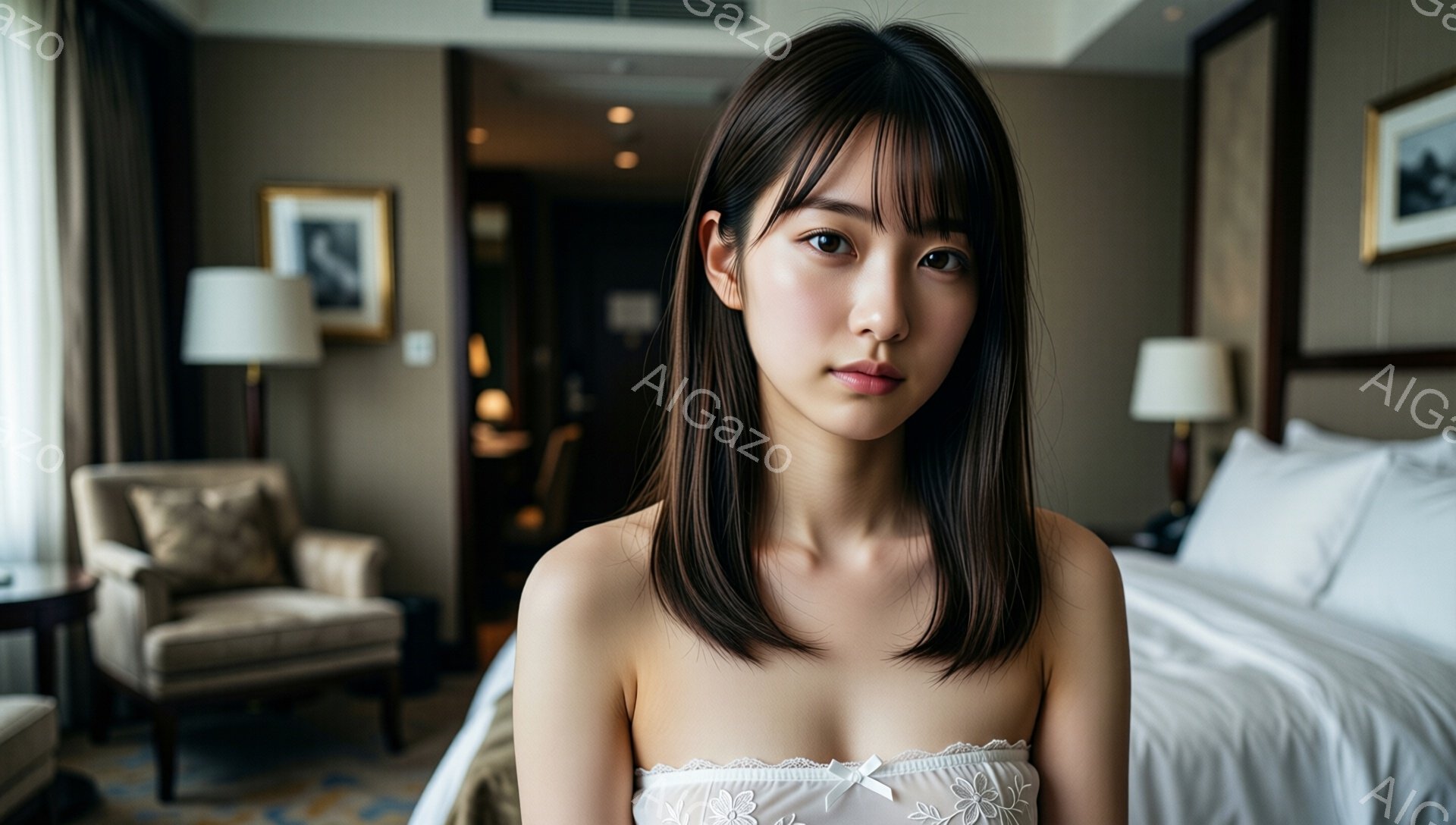 長い黒髪で前髪が目の上まで届く女性が写っています。オフショルダーの白いトップスを着ており、わずかに肩を露出しています。背景には、ベージュの椅子、ベッド、そして装飾された壁画が見られ、ホテルの部屋のような、暖かく洗練された雰囲気が漂っています。