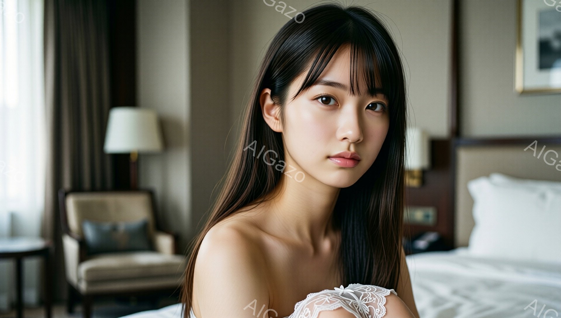 長い黒髪をなびかせた若い女性が、レースの肩出しのトップスを着て、ベッドに半身を預けています。彼女は少し憂いを帯びた表情でカメラを見つめており、肌はきめ細かく、健康的です。背景には、ベージュ色の椅子とテーブル、そして間接照明のあるベッドルームがぼんやりと見え、全体的に落ち着いた雰囲気です。