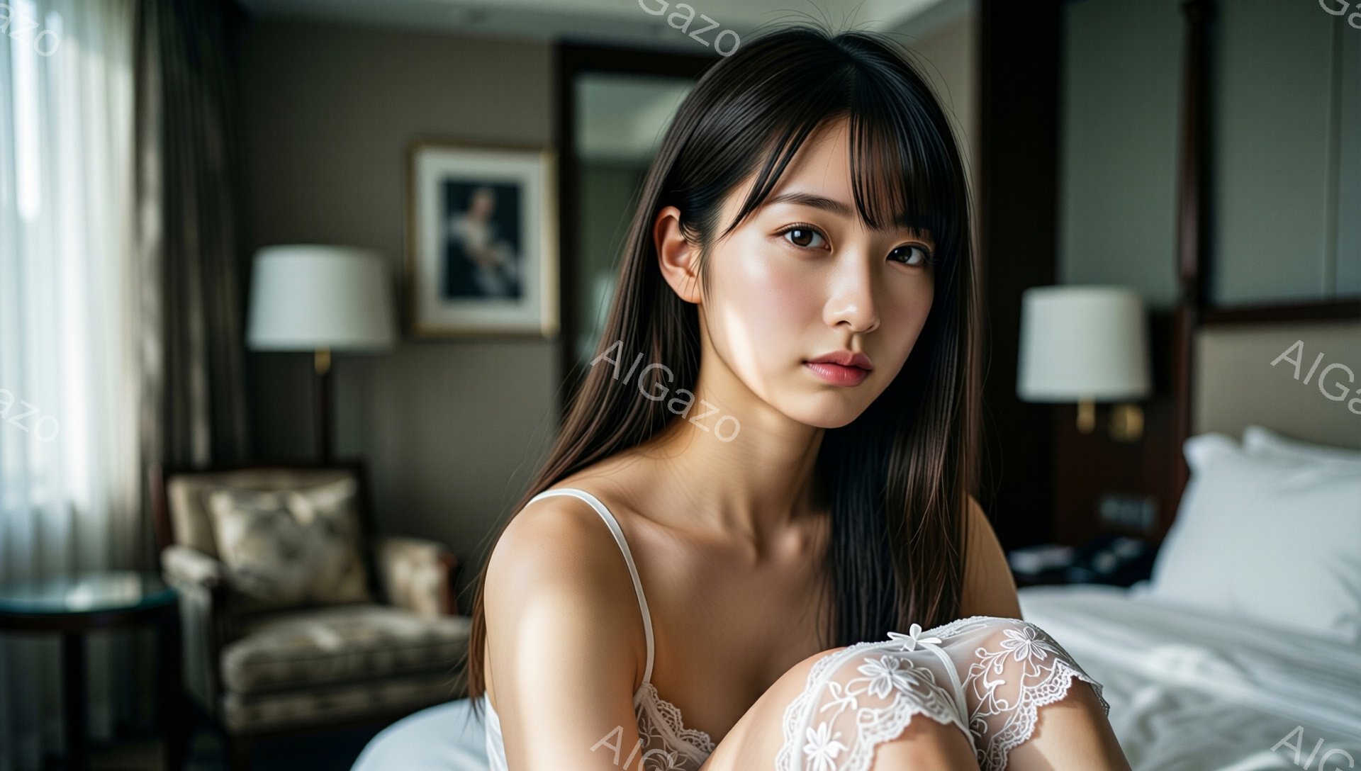 長い黒髪をセンターパートにした女性が、白いレースの肩当てを身に着けてベッドに座っている。彼女は穏やかな表情でカメラを見つめ、姿勢はリラックスしている。背景には、アンティーク調の椅子と絵画が置かれた、落 - AI生成フリー素材