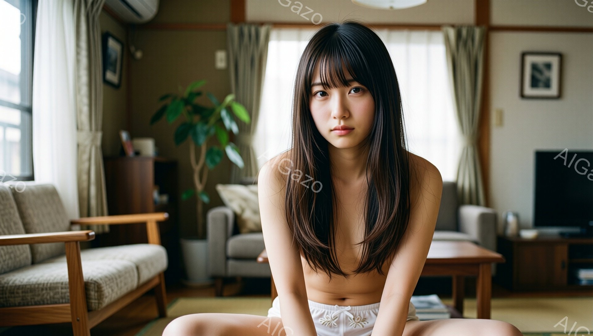 長い黒髪で前髪が眉毛にかかる女性が、白い花柄のショーツのみを身につけ、床に座っています。彼女はカメラを見つめ、わずかに微笑んだ表情を浮かべています。背景には、リビングルームの家具や植物、そして壁にかか - AI生成フリー素材