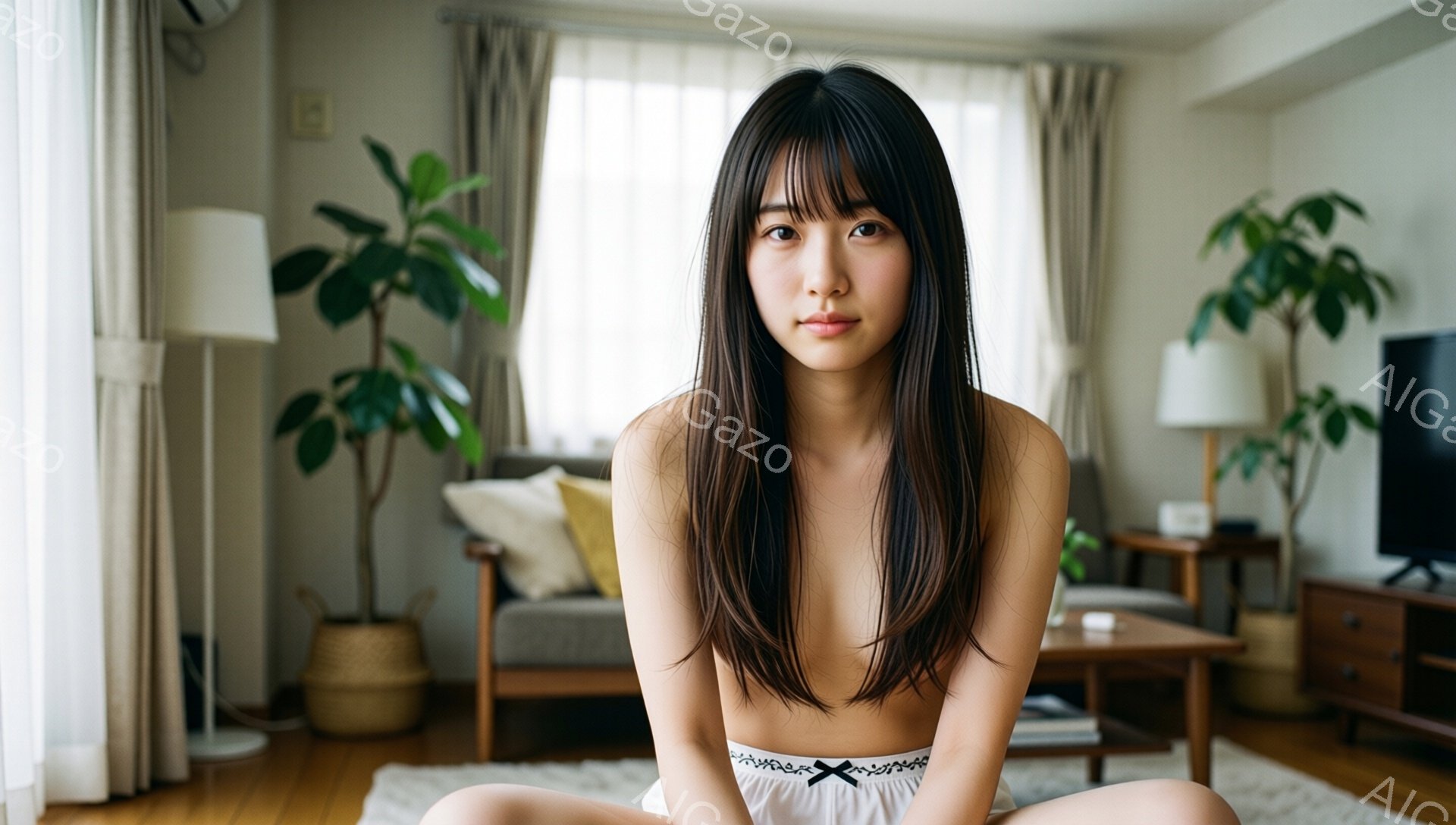 長い黒髪で、前髪は眉毛にかかるようにカットされた女性が、白いレースのキャミソールとショーツ姿で座っています。彼女はリラックスした表情で、カメラを見つめており、背景にはベージュのソファと観葉植物が置かれ - AI生成フリー素材