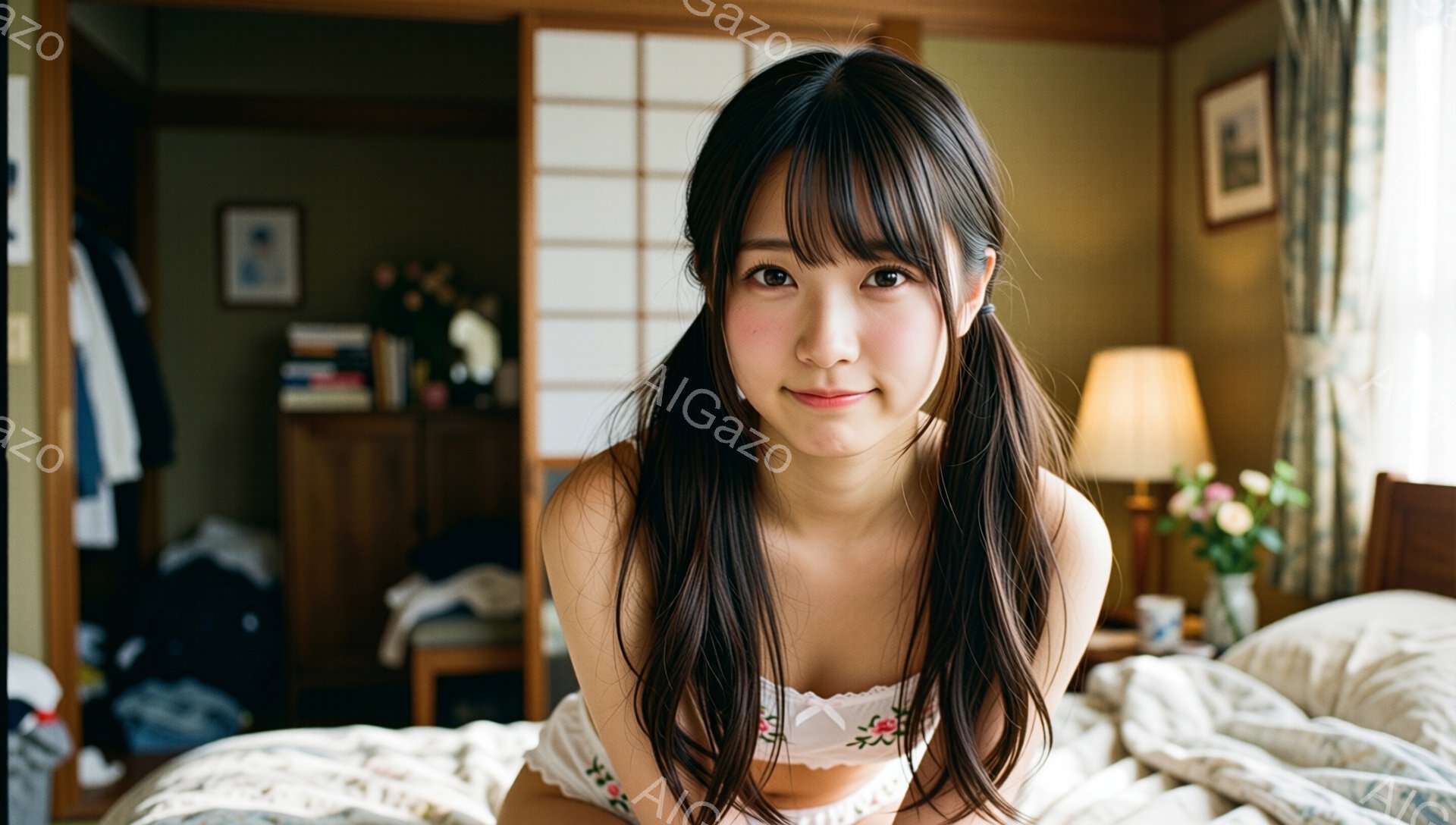 明るい室内で、黒髪をツインテールにした若い女性がベッドに座っています。白い刺繍のキャミソールを着ており、少し微笑んだ表情でカメラを見ています。背景には、木製の家具や花瓶、絵画が置かれており、暖かく家庭 - AI生成フリー素材