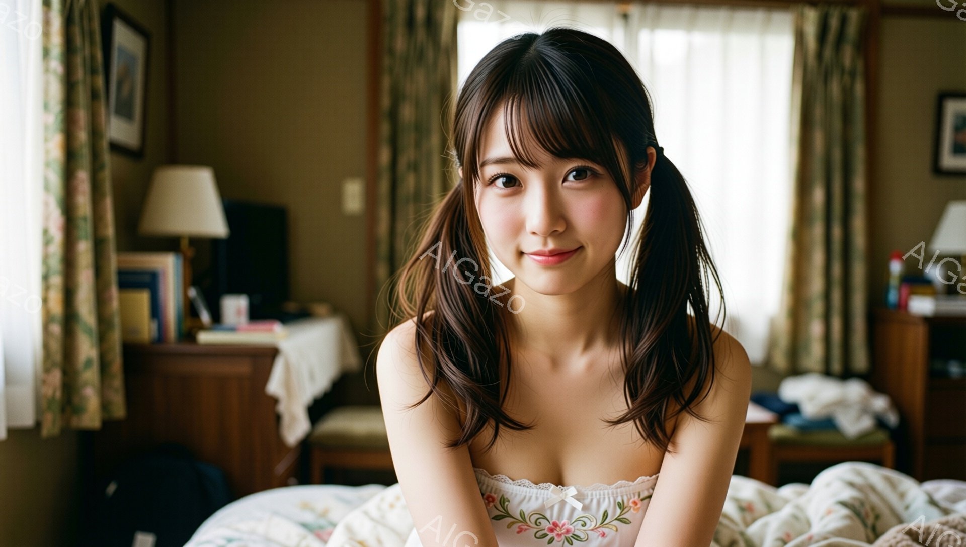 彼女はベッドに座り、明るい笑顔を見せています。茶色の巻き毛をツインテールにし、オフショルダーの白いブラウスを着ています。背景にはキャビネットと装飾的なカーテンがあり、全体的に温かく、親しみやすい雰囲気が漂っています。