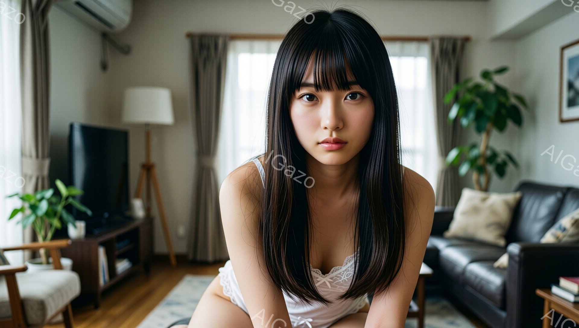 長い黒髪の女性が、レースのキャミソールを着てカメラを見つめている。彼女は床に座り、リラックスした姿勢で、わずかに微笑んでいるように見える。背景には、リビングルームのソファ、テレビ、観葉植物が見え、暖か - AI生成フリー素材