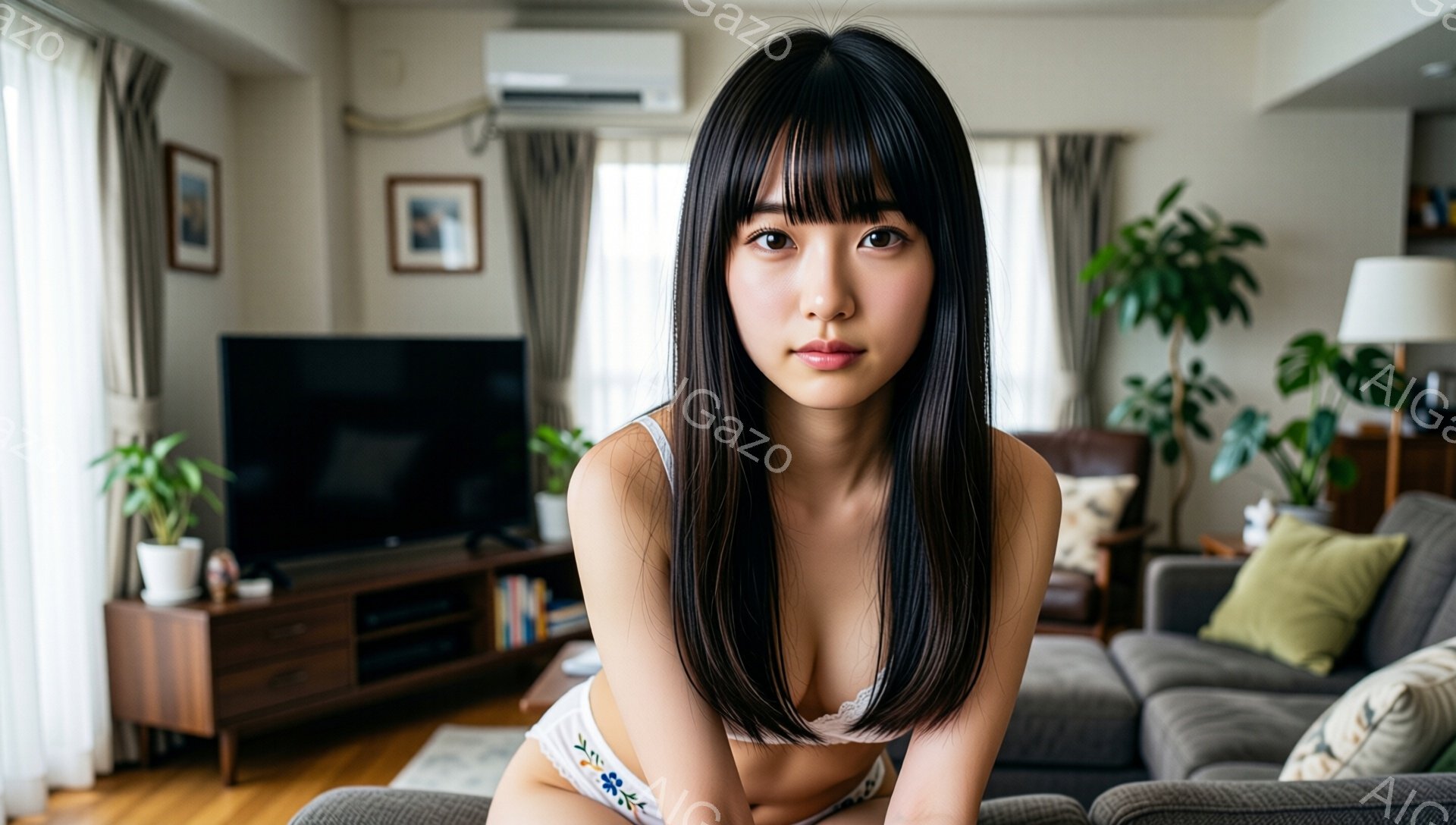 長い黒髪で前髪ぱっつんの女性が、グレーのソファに座ってこちらを見つめています。白いレースと花柄のブラレットと下着を着用し、少し微笑んでいる表情です。背景にはテレビ、木製の棚、植物、そしてリビングルーム - AI生成フリー素材