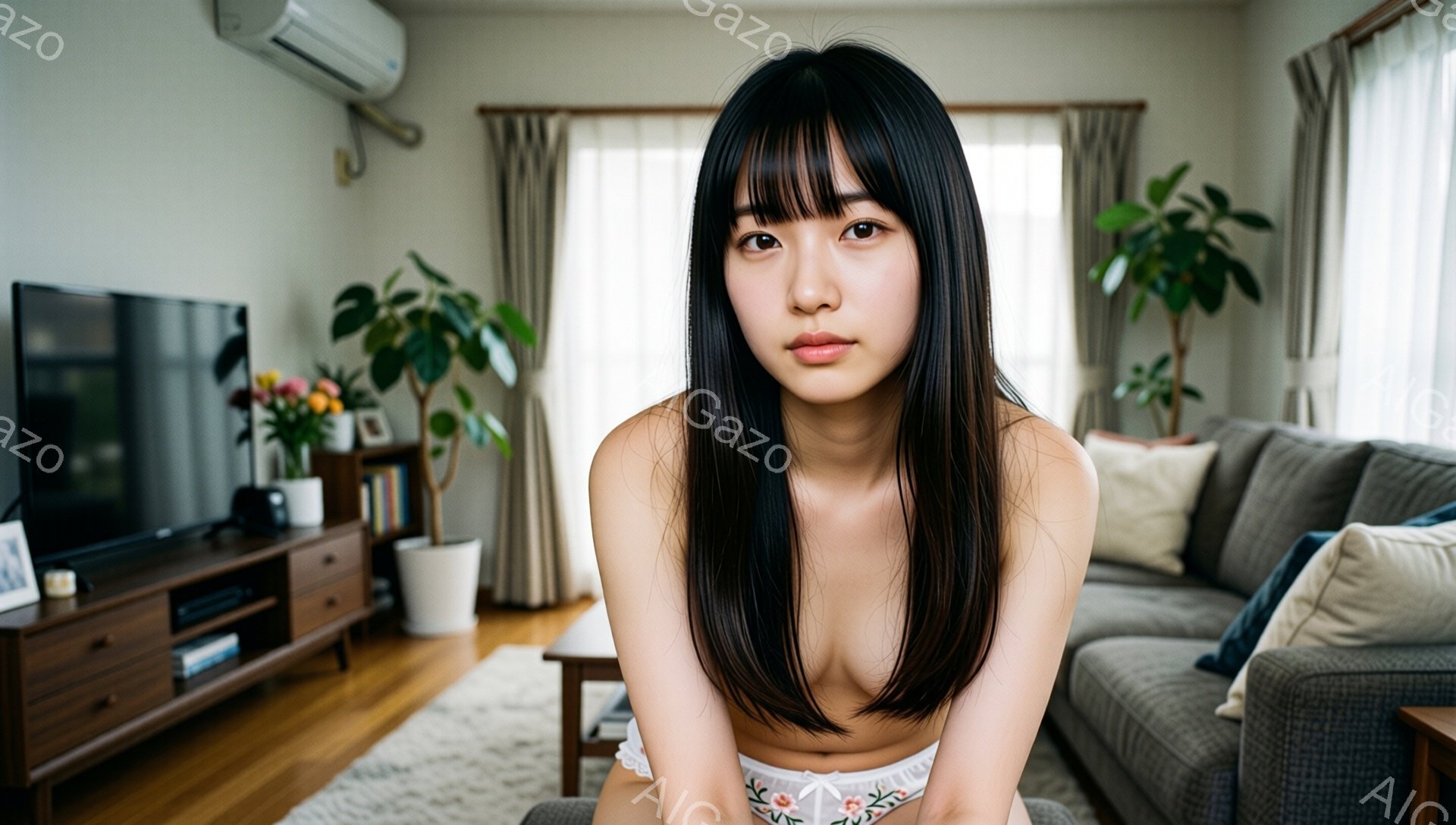 長い黒髪をなびかせた若い女性が、白いレースのキャミソールを着て、ソファに座っています。彼女は少し微笑み、リラックスした表情でカメラを見つめています。背景には、テレビ、観葉植物、ベージュ色のソファがあり、リビングルームの暖かい雰囲気が漂っています。