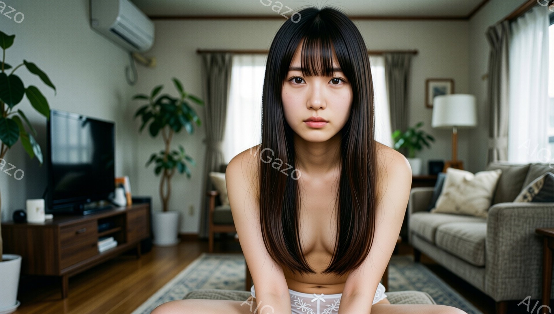 長い黒髪の女性が、白いレースのブラレットのみを身に着け、床に座っています。彼女はカメラをまっすぐ見つめており、表情は落ち着いていますが、どこか憂いを帯びています。背景には、テレビ、ソファ、観葉植物など - AI生成フリー素材