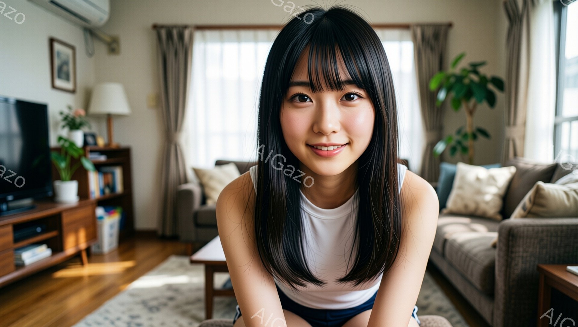 画像には、黒髪で前髪のある若い女性が写っています。白いタンクトップと短いズボンを身につけ、わずかに微笑んでカメラを見ています。背景はリビングルームで、ソファ、テレビ、植物、そして自然光が差し込む窓があります。