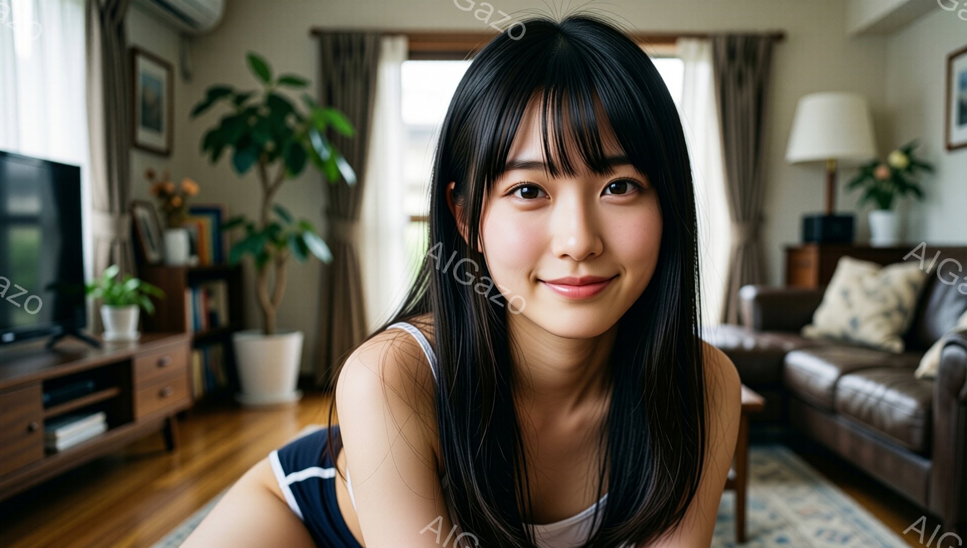 黒髪で前髪を作った若い女性が、白いタンクトップを着てカメラの方を見て微笑んでいます。彼女は床に横たわっており、リラックスした姿勢です。背景には、テレビ、ソファ、観葉植物のあるリビングルームがあり、暖か - AI生成フリー素材