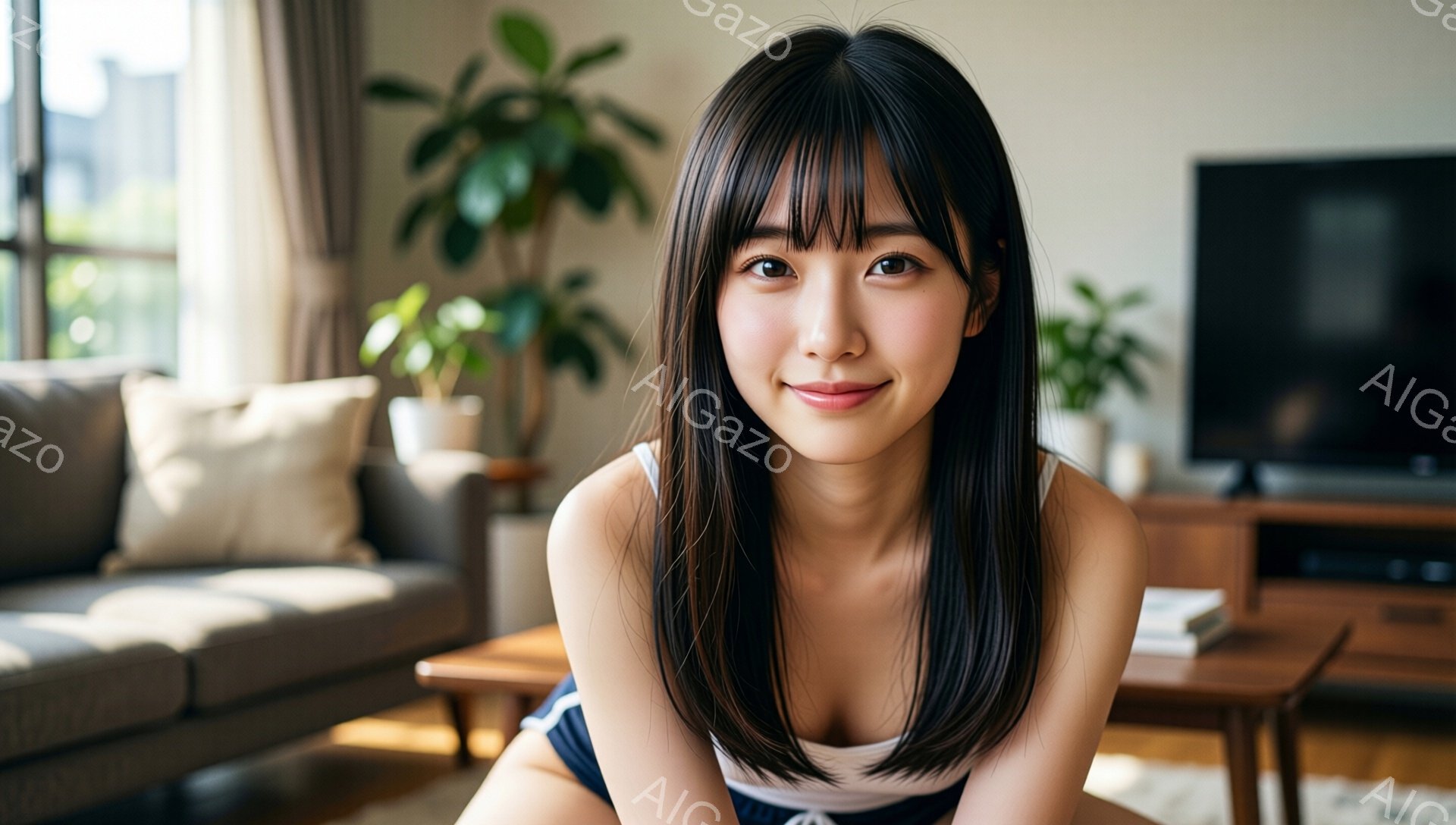 長い黒髪で、前髪が目の上にかかっている女性が写っています。白いトップスと紺色のラインが入った服を着ており、少し微笑んでカメラを見ています。背景には、ソファ、木製のローテーブル、観葉植物、そして窓から差し込む光が見え、温かくリラックスした雰囲気です。