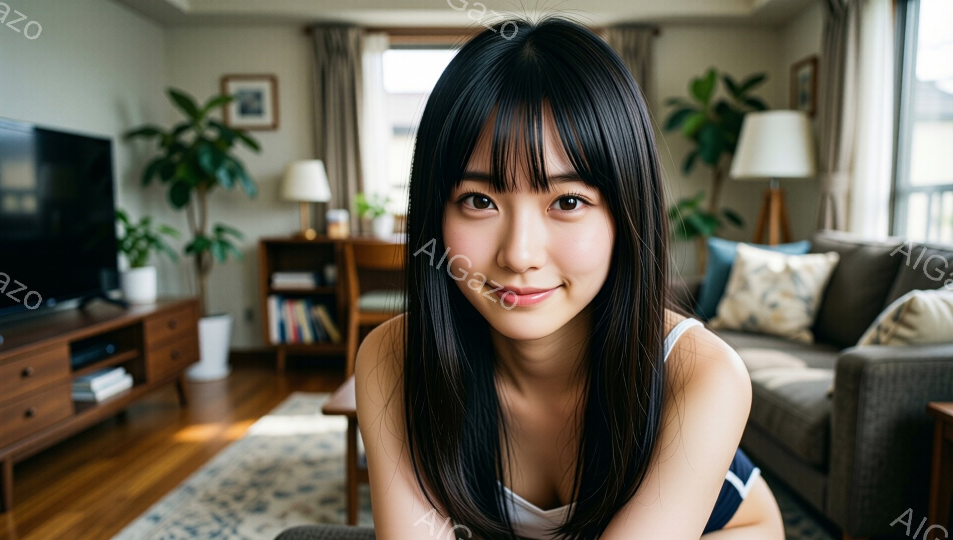 長い黒髪で、前髪が目の上にかかる女性が写っています。白いタンクトップを着て、顔は笑顔で、カメラに向かって穏やかに見つめています。背景は明るいリビングで、ソファやテレビ台、観葉植物があり、温かく居心地の - AI生成フリー素材