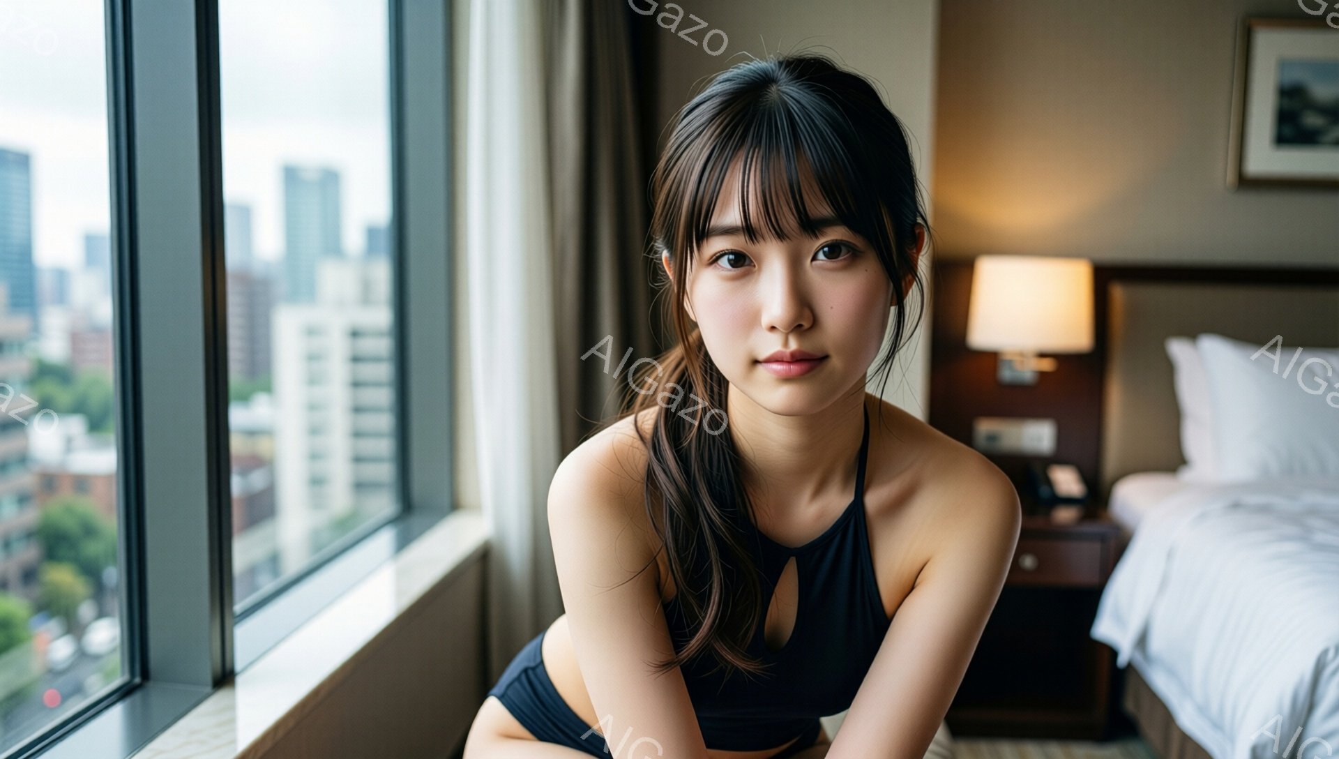 黒いスポーツブラとショーツを着用した若い女性が、窓のそばの床に膝をついて座っています。彼女は長い黒髪を後ろでまとめており、穏やかで少し微笑んだ表情をしています。背景には高層ビル群が見え、部屋は明るく、モダンなベッドと装飾が施されています。