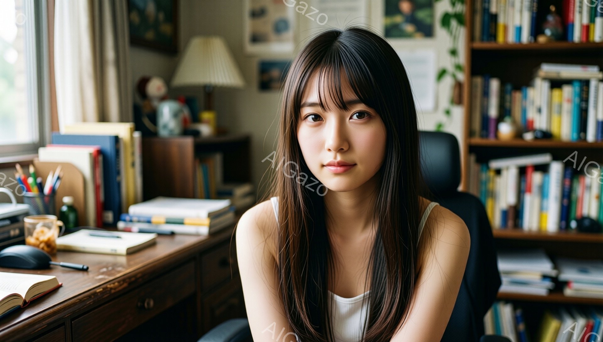 長い黒髪で、前髪が眉毛にかかる女性が写っている。白いタンクトップを着ており、リラックスした姿勢で椅子に座り、わずかに微笑んでいる。背景には本棚があり、机の上には本や筆記用具などが置かれている、落ち着いた雰囲気の部屋だ。