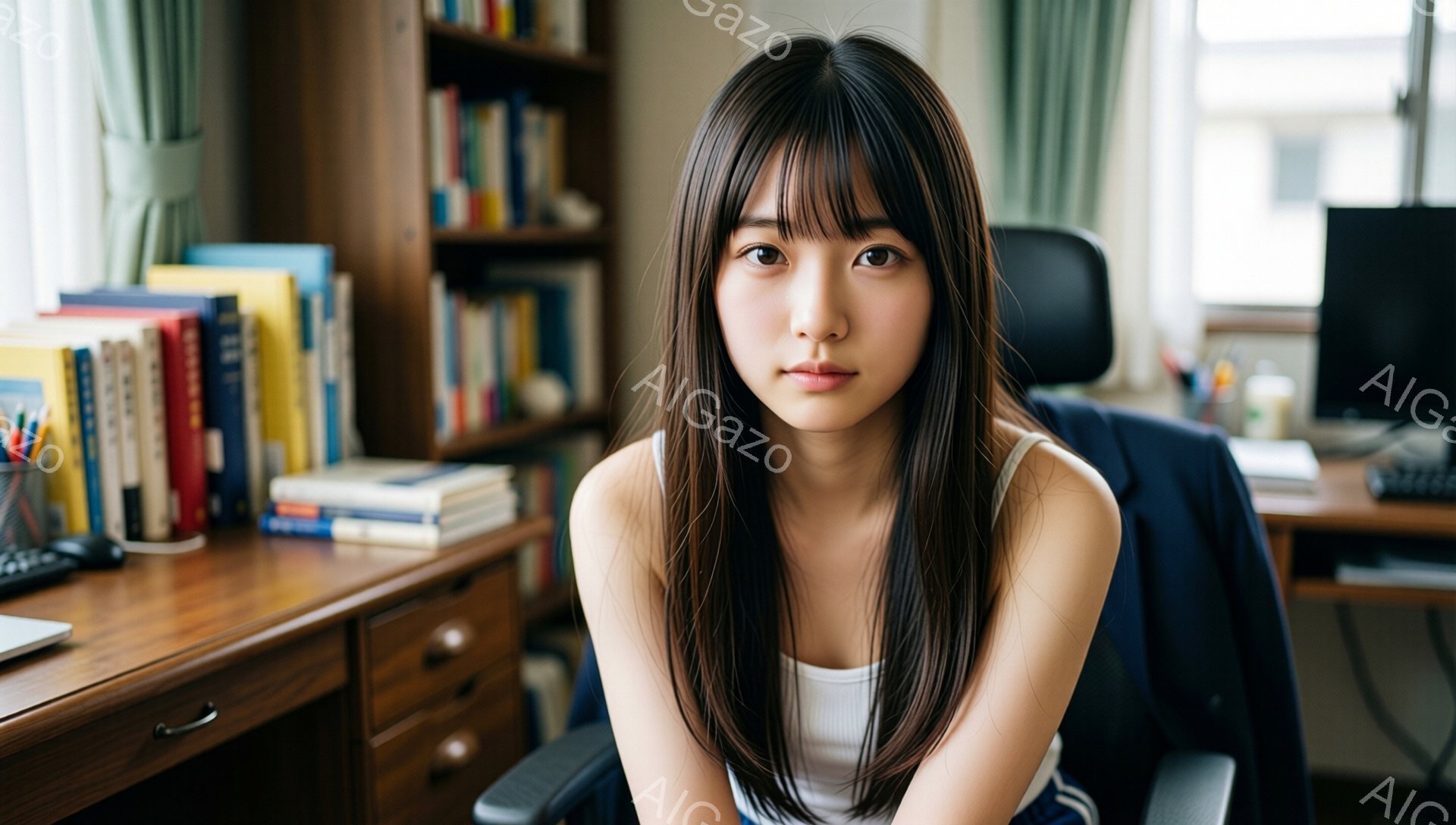 長い黒髪の女性が、白いタンクトップを着て椅子に座っています。彼女は少し微笑んでいて、落ち着いた表情をしています。背景には本棚と机があり、部屋全体が明るく、暖かく、勉強や仕事に適した雰囲気です。