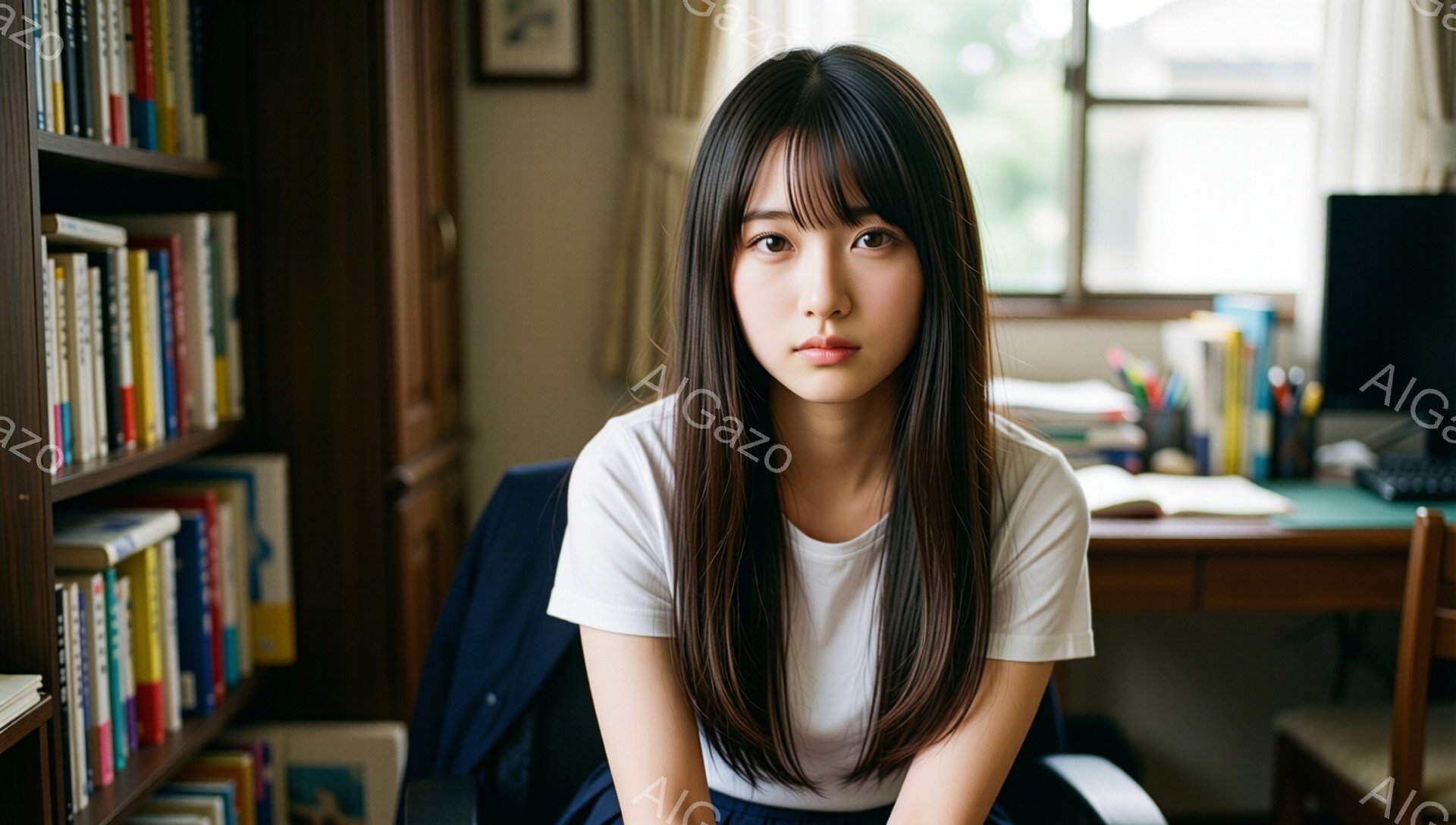 長い黒髪で、前髪が眉毛にかかる女性が写っている。白いTシャツを着ており、少し憂いを帯びた表情で正面を見つめている。背景には本棚と机があり、落ち着いた雰囲気の部屋の中で、リラックスした姿勢で座っている。 - AI生成フリー素材