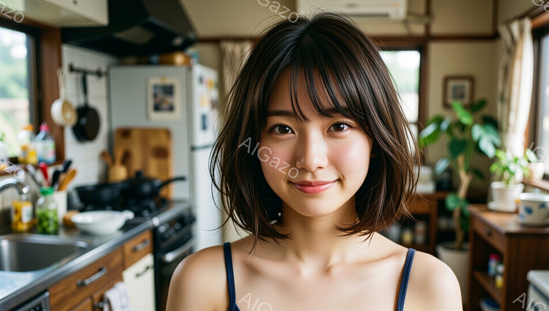 この女性は、肩出しのキャミソールを着て、肩までの長さのダークブラウンのヘアスタイルにしています。彼女はわずかに微笑んでいて、親しみやすい表情をしています。背景にはキッチンがあり、調理器具や食器が整理整頓されており、窓からは緑が見えて、明るく快適な雰囲気です。