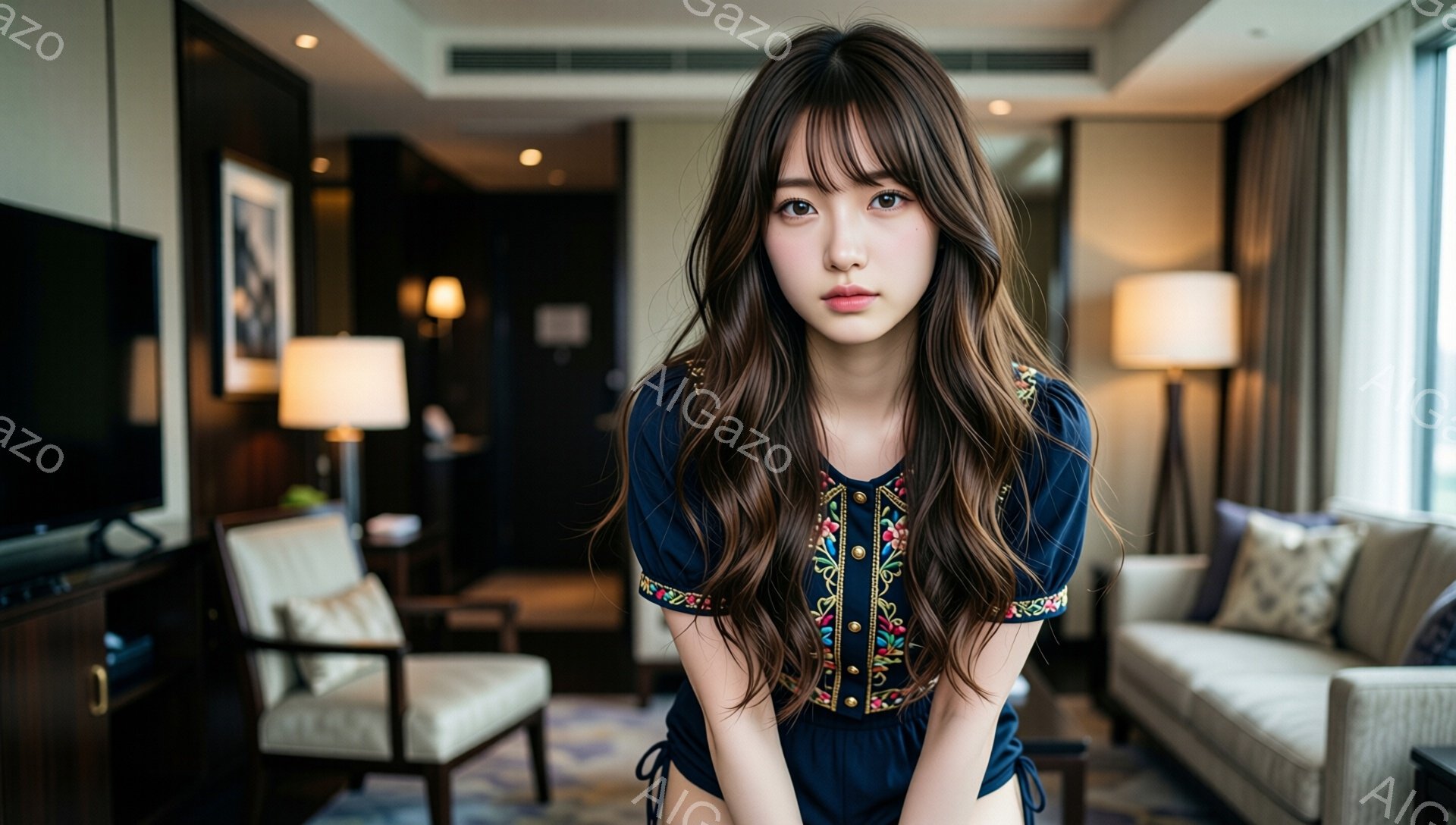 長い茶色の髪で、前髪が目にかかるようにカットされた若い女性が写っている。彼女は紺色の刺繍が施されたブラウスを着ており、わずかに微笑んでいる。背景には、高級感のあるリビングルームが見え、クリーム色のソファと木製の家具が配置されている。