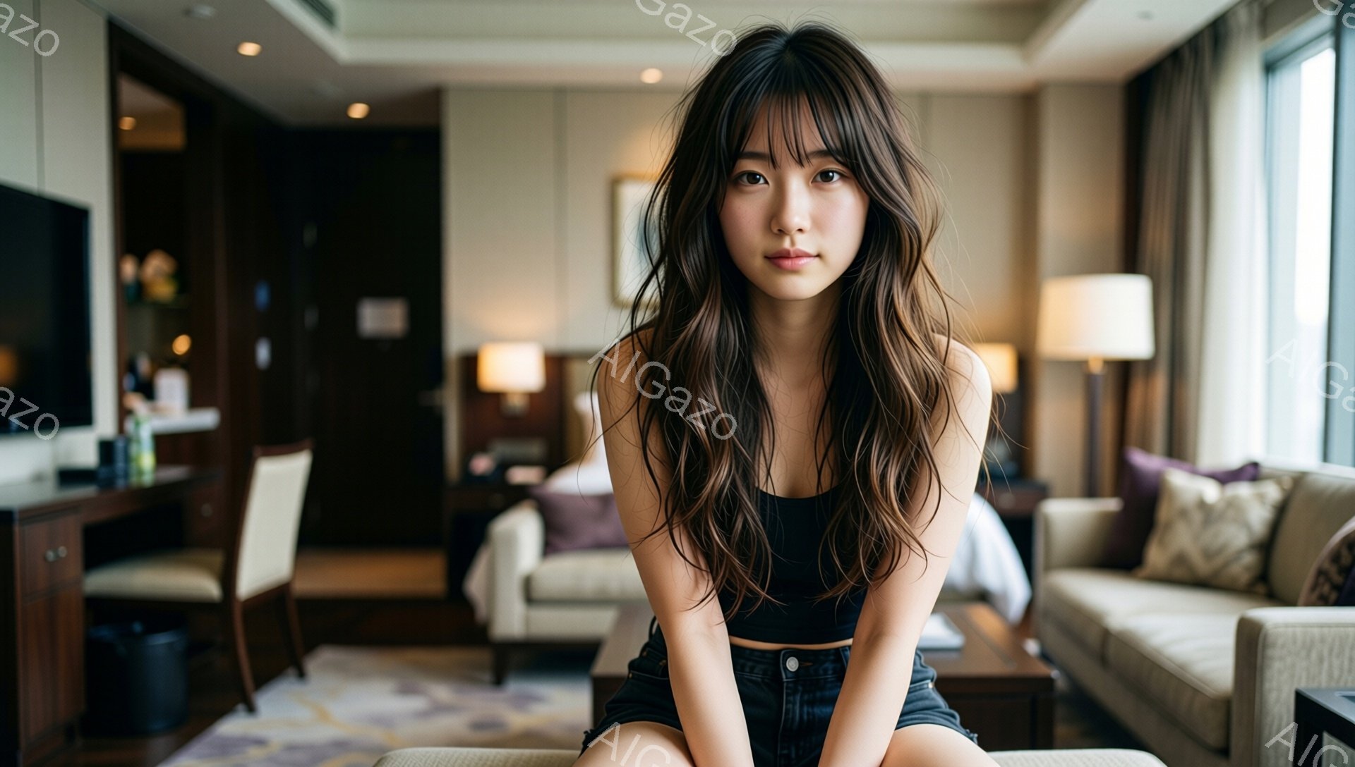 長いダークブラウンの髪をした若い女性が、黒いタンクトップとデニムのショートパンツを着て座っています。彼女はカメラを見つめ、ややクールな表情をしています。背景は豪華なホテルのリビングルームで、ベージュと茶色の家具、そして窓からの自然光が差し込んでいます。