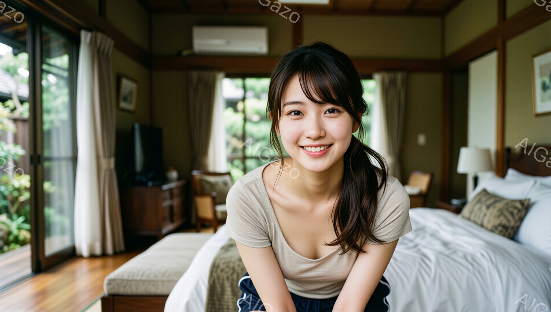 彼女はベッドに座り、明るい笑顔を浮かべている。ベージュのTシャツと紺色のズボンを身につけ、髪は後ろで一つに結んでいる。背景には、木製の家具と窓から見える緑豊かな庭園があり、暖かくリラックスした雰囲気を感じさせる。