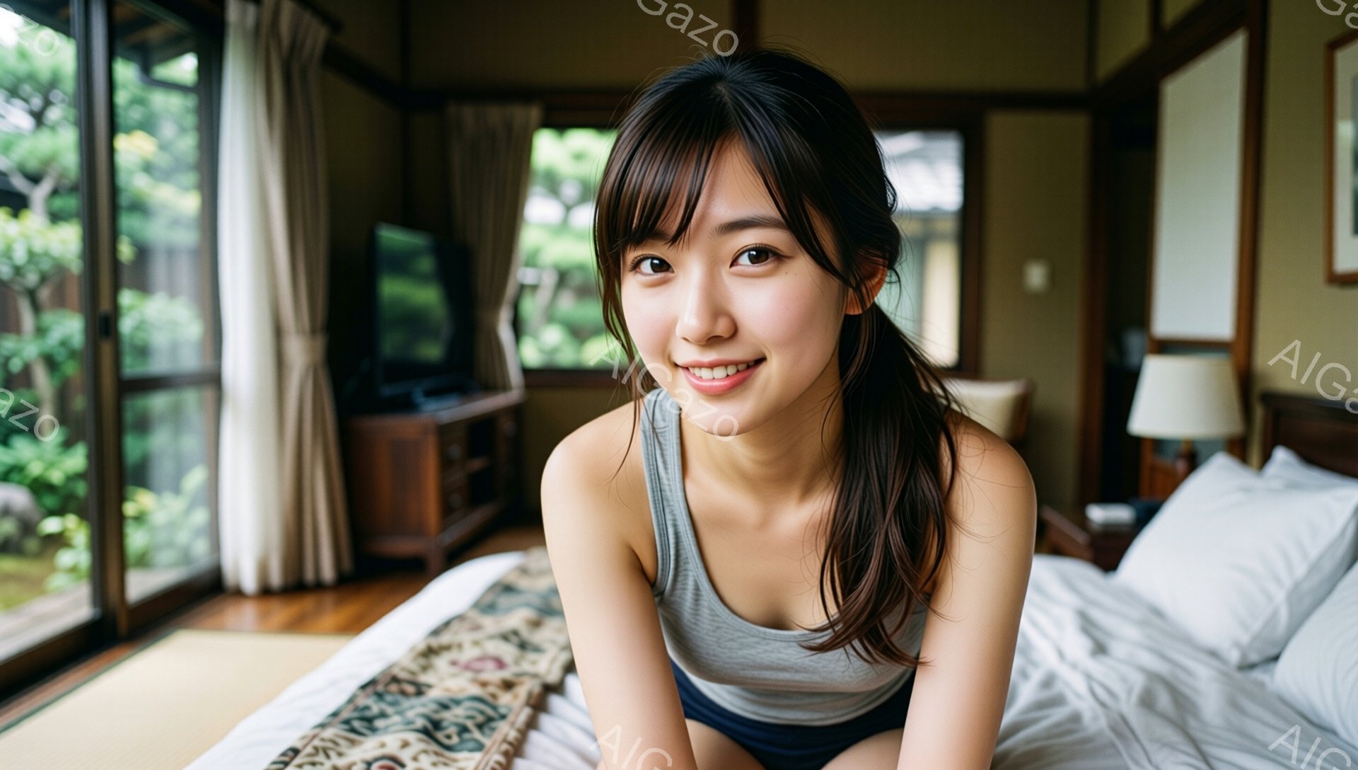 若い女性がベッドに座ってこちらを見ている。彼女はグレーのタンクトップと紺色のショーツを着ており、長い黒髪を後ろで一つにまとめている。背景には畳敷きの部屋と庭が見え、落ち着いた雰囲気である。 - AI生成フリー素材