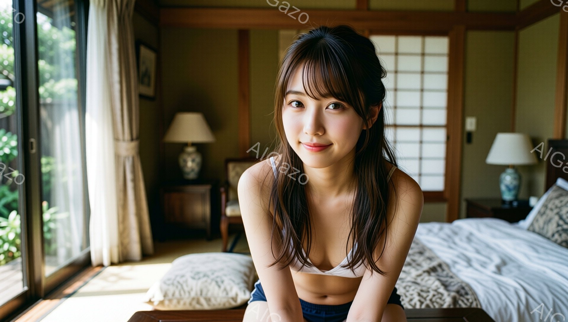 長い髪を耳にかける若い女性が、白いブラトップとショートパンツ姿で座っています。彼女は微笑みを浮かべ、カメラに向かって穏やかな表情をしています。背景には畳の部屋、ベッド、障子、窓から見える緑が広がり、リ - AI生成フリー素材
