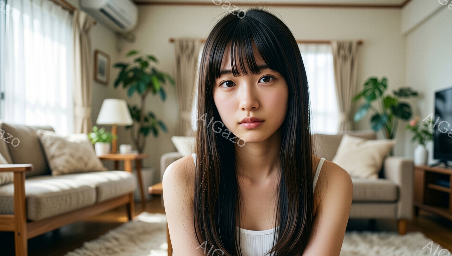 長い黒髪で前髪が目の上まで届く女性が写っている。白いタンクトップを着ており、表情は穏やかで少し微笑んでいるように見える。背景はリビングルームで、ベージュのソファや観葉植物が見え、暖かく心地よい雰囲気が漂っている。