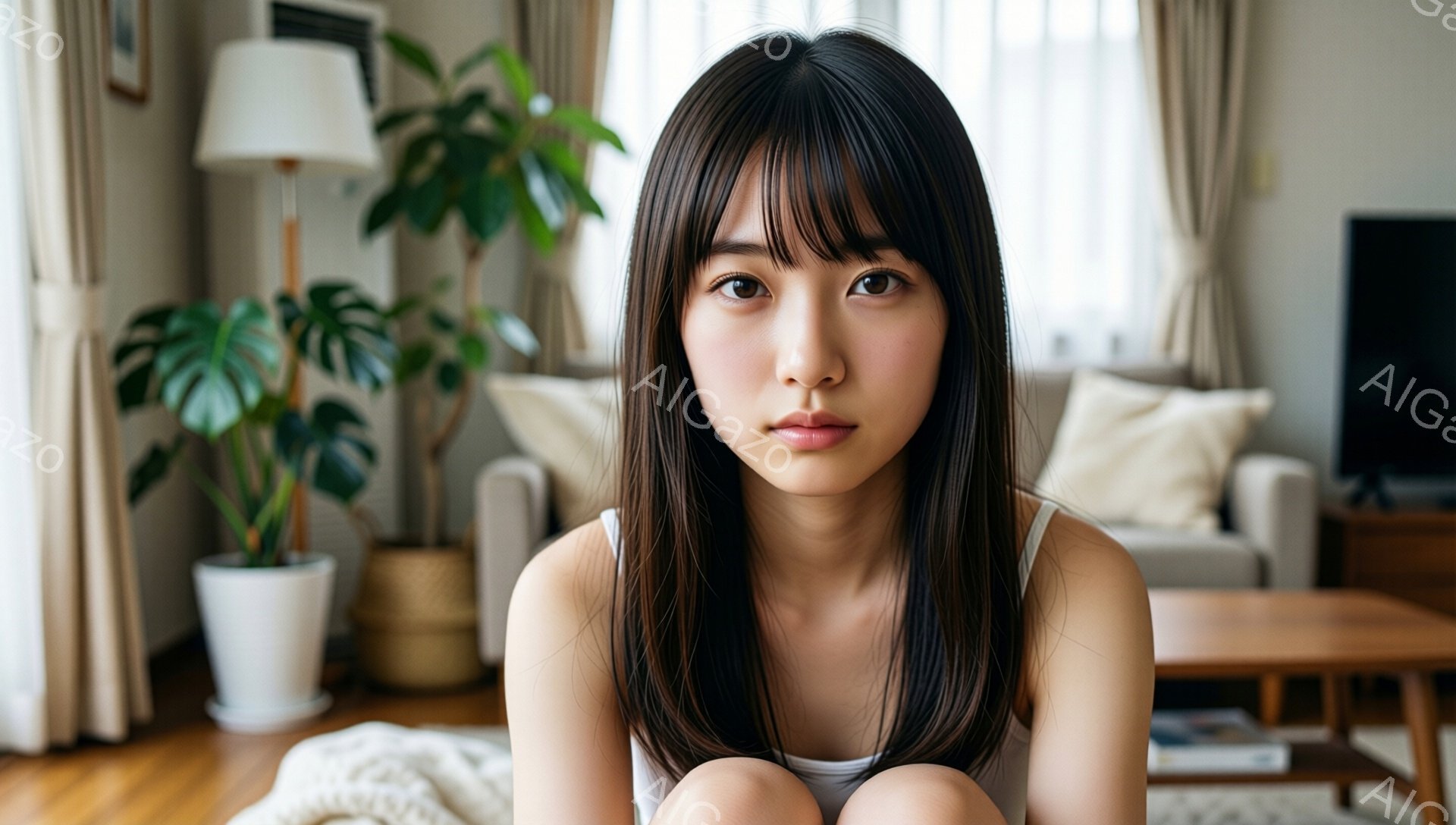 長い黒髪で、前髪が目にかかる女性が写っている。白いタンクトップを着ており、膝を抱えて床に座っている。背景には白いソファや観葉植物が見え、リビングルームの穏やかな雰囲気が感じられる。