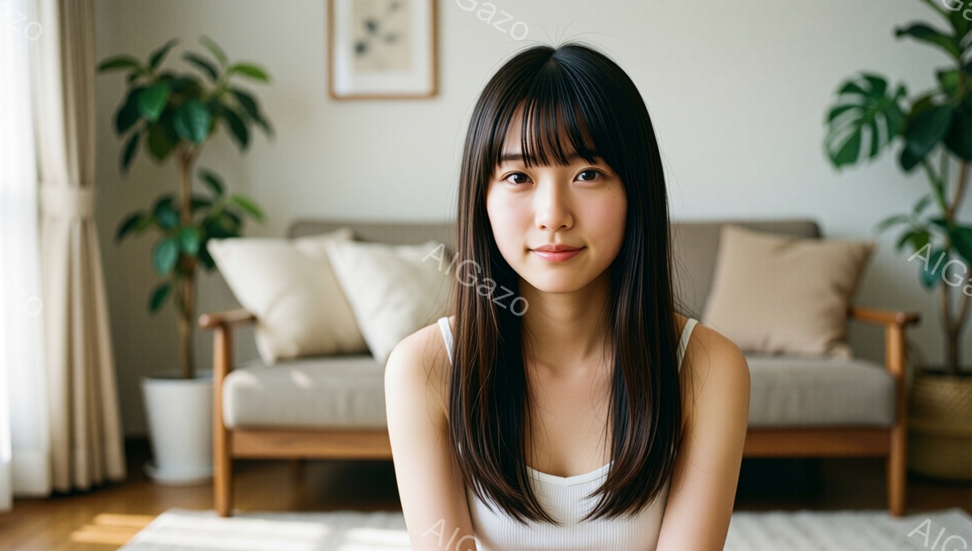 長い黒髪で前髪のある女性が、白いタンクトップを着て正面を見ています。彼女は穏やかな微笑みを浮かべ、リラックスした姿勢で座っています。背景には、ベージュ色のソファと観葉植物が見え、柔らかく穏やかな雰囲気 - AI生成フリー素材